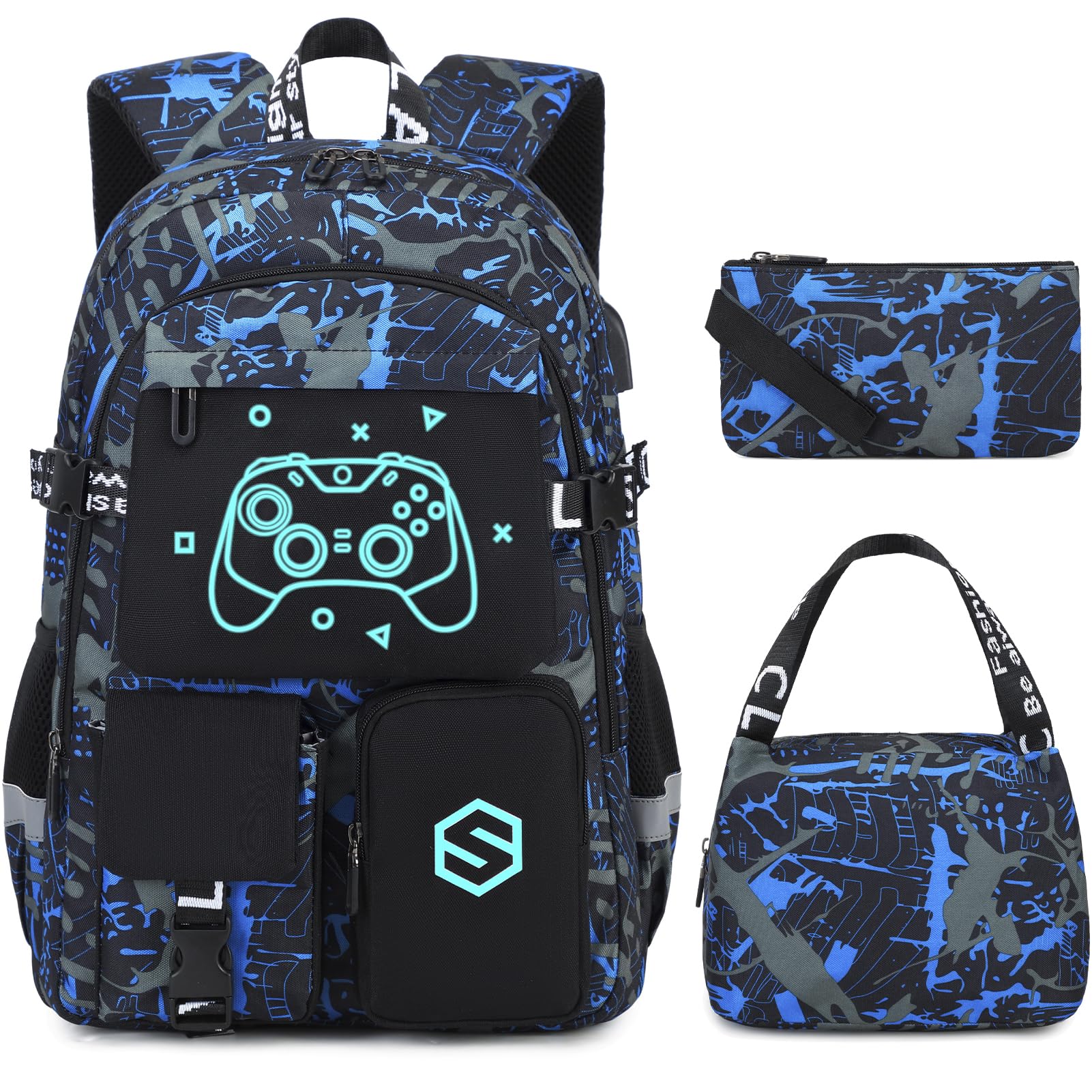 **Cool Luminous Boys Backpack with Lunch Bag & Pencil Case - USB Charging Port, Durable School Backpack for Kindergarten, Elementary & Middle School Boys - Perfect for Daily Use, Travel & Outdoor Adventures**