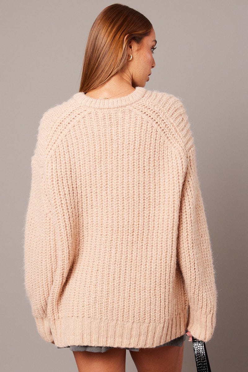 Chunky Beige Knit Long Sleeve Top for Women - Cozy Winter Sweater for Casual Outfits & Layering