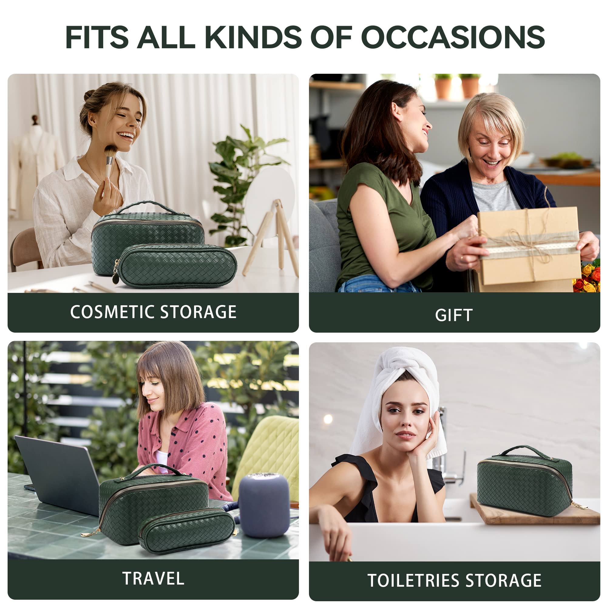 Travel Makeup Bag for Women - 2 Pack Large Leather Cosmetic Organizer Pouch with Wide Opening for Toiletries, Brushes & Accessories | Perfect for Vacation, Gym & Daily Use | Green