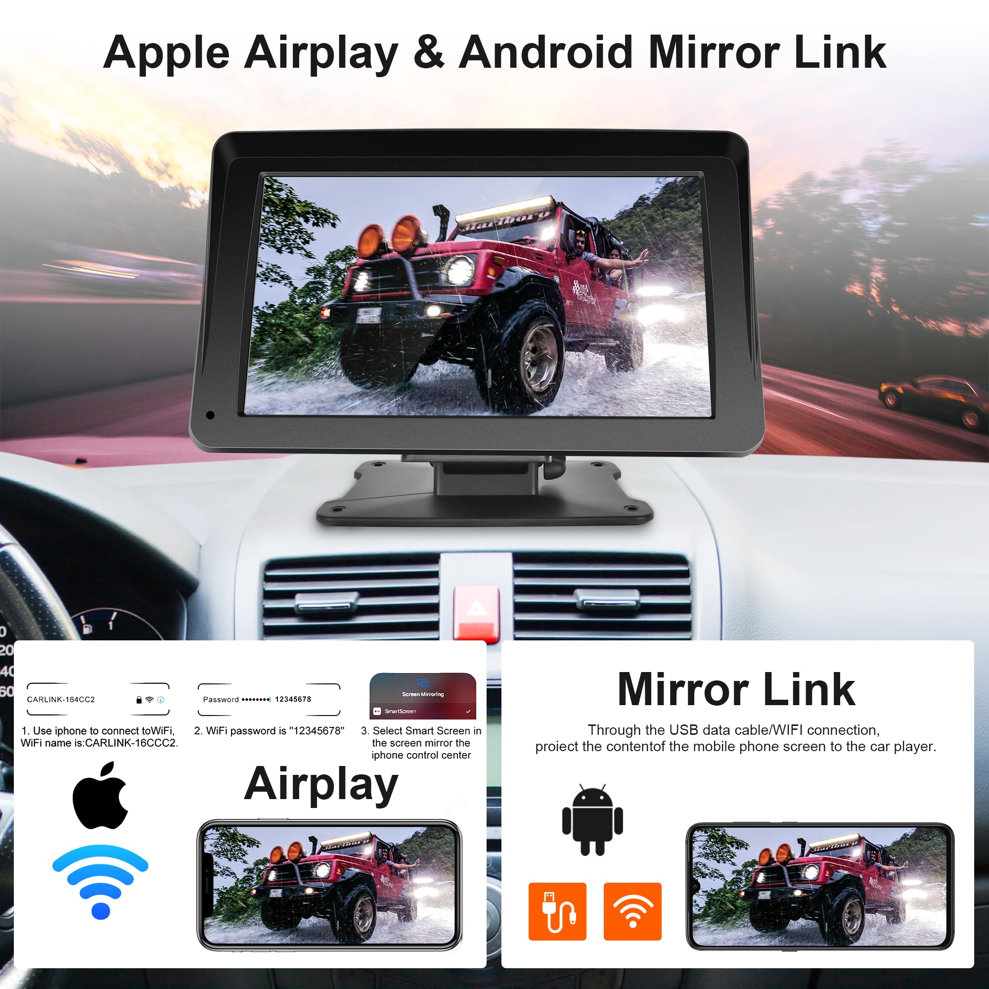 Rimoody 7 Inch Portable Car Stereo with Wireless Apple CarPlay & Android Auto - Touchscreen Bluetooth FM Transmitter, Mirror Link, Dash Mount | Perfect for Road Trips, Commuting & Hands-Free Driving