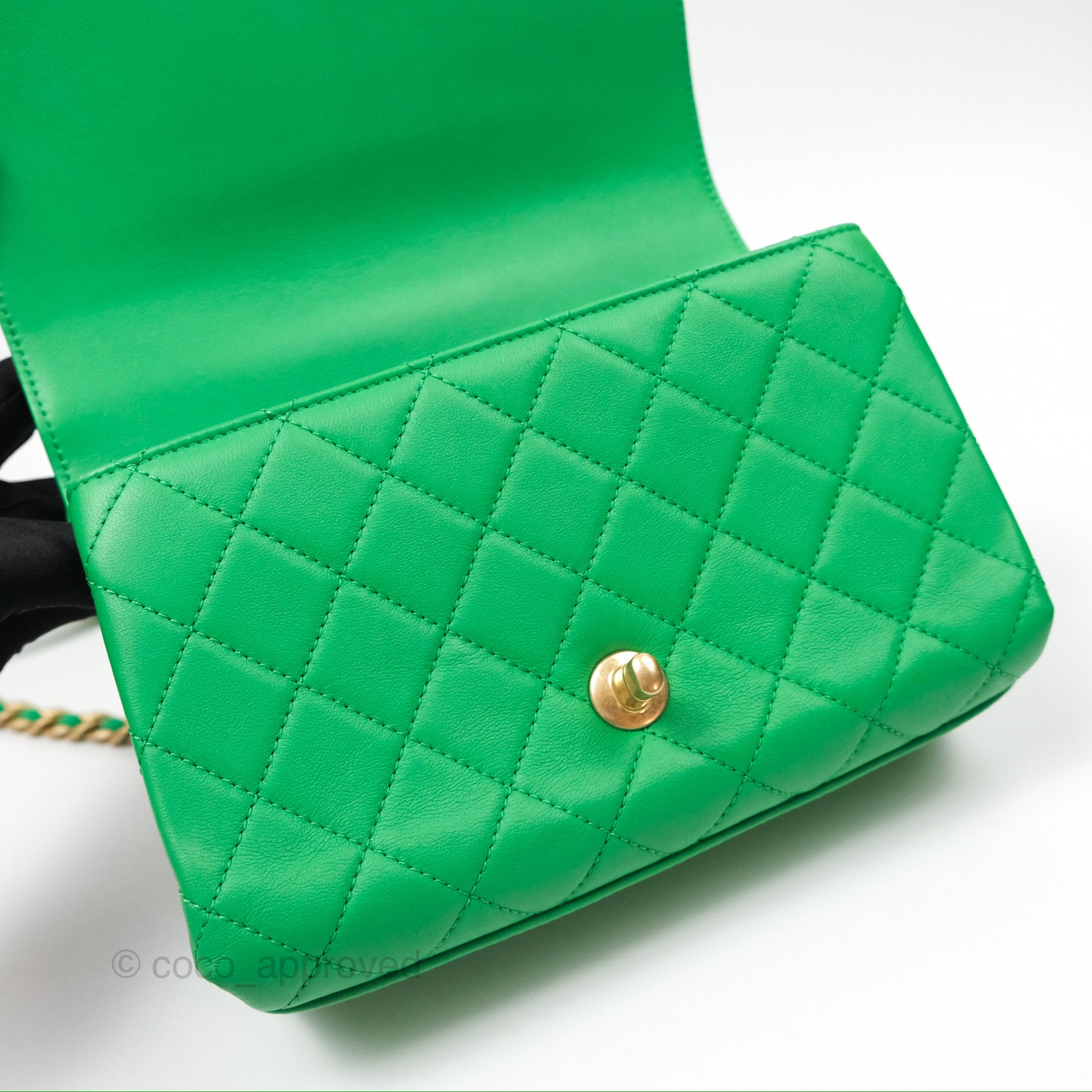 Chanel CC Quilted Flap Bag With Top Handle - Green Calfskin Leather Crossbody Bag with Gold Hardware | Luxury Designer Handbag for Women, Perfect for Date Night & Special Occasions