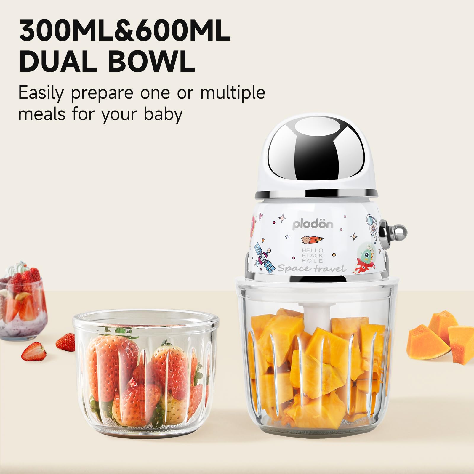 Mini Baby Food Maker - 2 Cup Glass Bowl Small Food Processor & Puree Blender for Infant Meals | Portable Baby Food Grinder & Chopper | Ideal for Homemade Baby Purees, Smoothies & Travel Feeding (Spaceman-White)