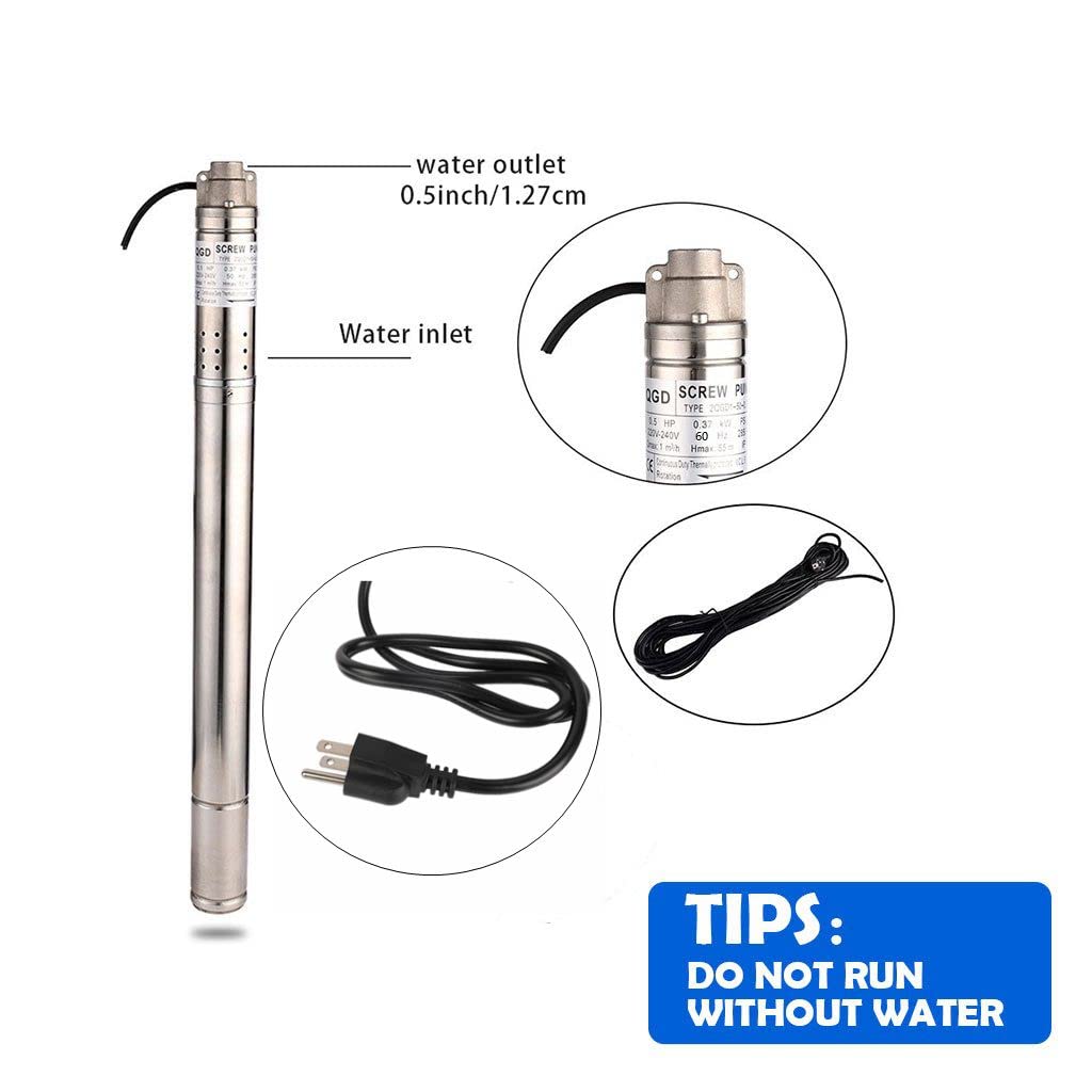 2 Inch Stainless Steel Submersible Deep Well Pump - 0.5HP 220V/60Hz, 164ft Lift, 4.4GPM Flow Rate with 50ft Cable - Ideal for Garden Irrigation, Farmland Water Supply & Home Well Systems (50mm Bore)