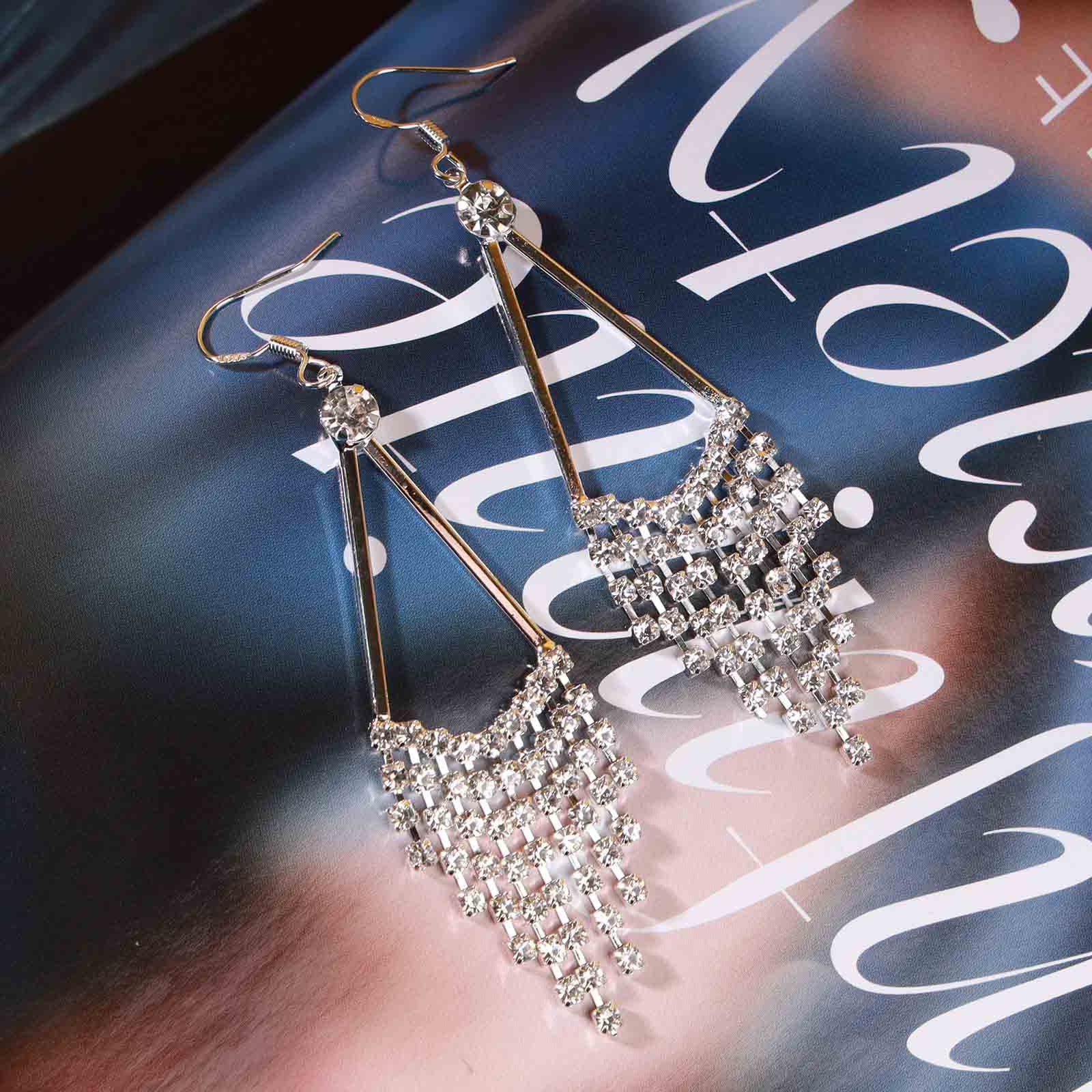 Elegant Silver Crystal Chandelier Earrings for Women – Sparkling Rhinestone Tassel Drop Dangle Earrings with CZ Stones | Perfect for Weddings, Prom, Evening Parties & Special Occasions