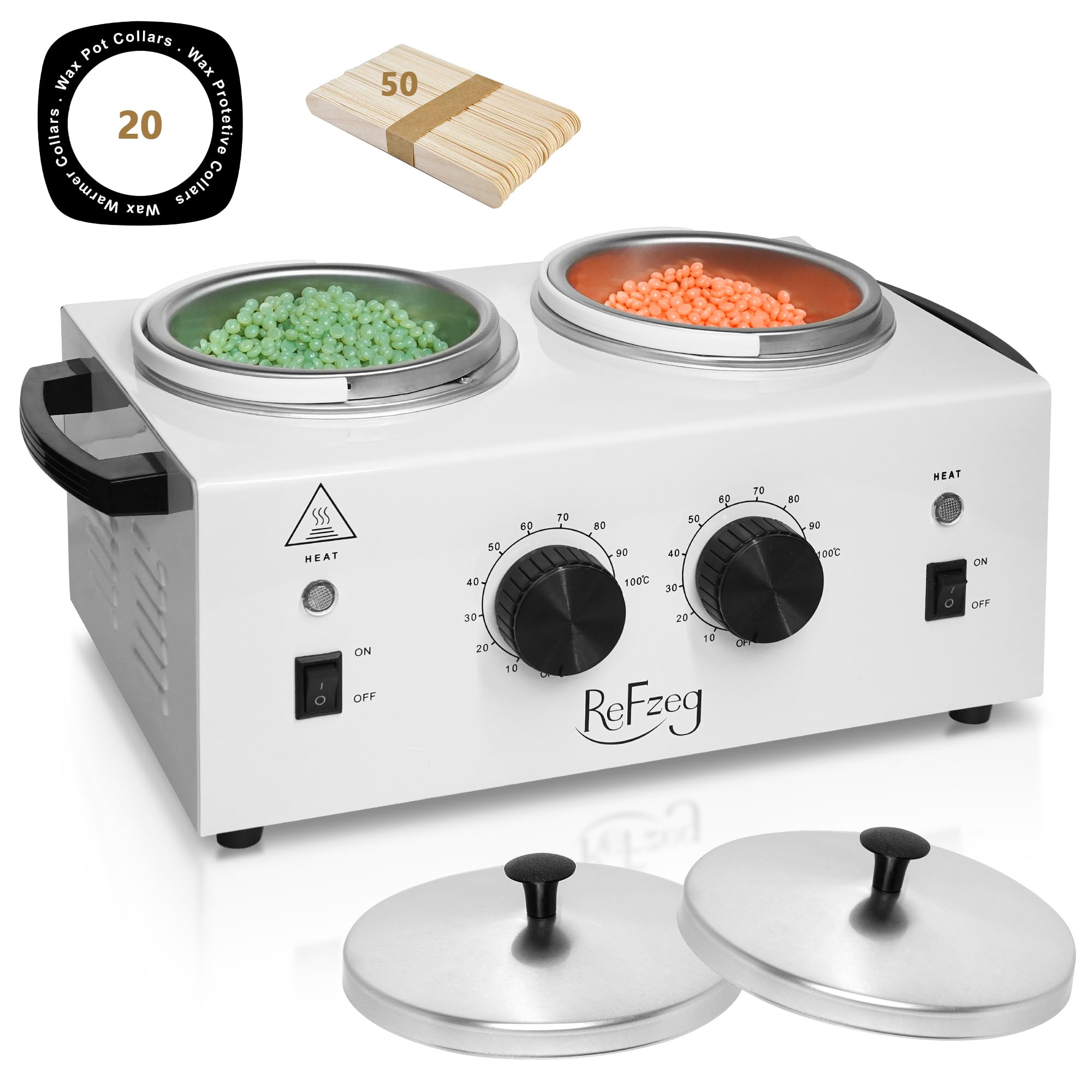Professional Wax Warmer Double Pot Waxing Kit - Adjustable Temperature Hair Removal Heater Machine with 50 Wax Sticks & 20 Protective Collars for Salon, Spa & Home Use - Painless Hair Removal for Legs, Arms, Bikini & Face
