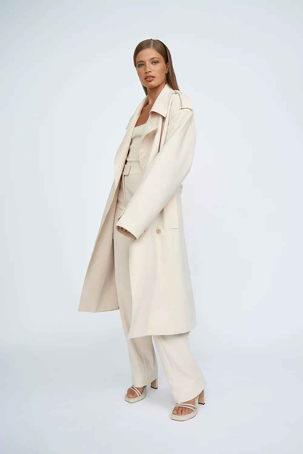 Blair Belted Trench Coat for Women - Classic Sand Color Long Coat with Belt - Perfect for Office, Fall Fashion & Rainy Days