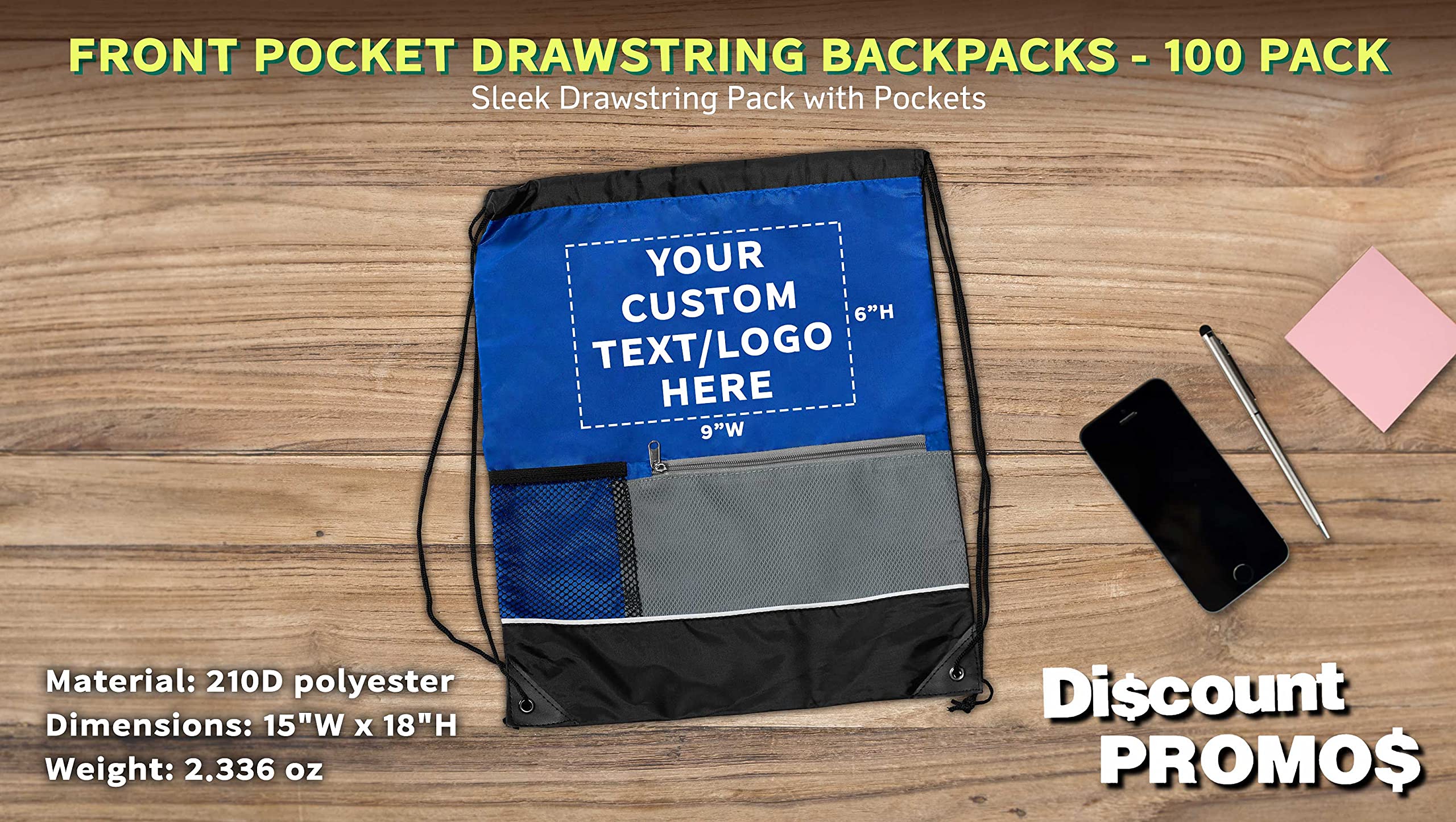 Custom Front Pocket Drawstring Backpacks - Bulk Pack of 100 Personalized Reusable Bags | Lightweight Sports & Promotional Backpacks in Blue | Perfect for School, Gym, Travel & Events