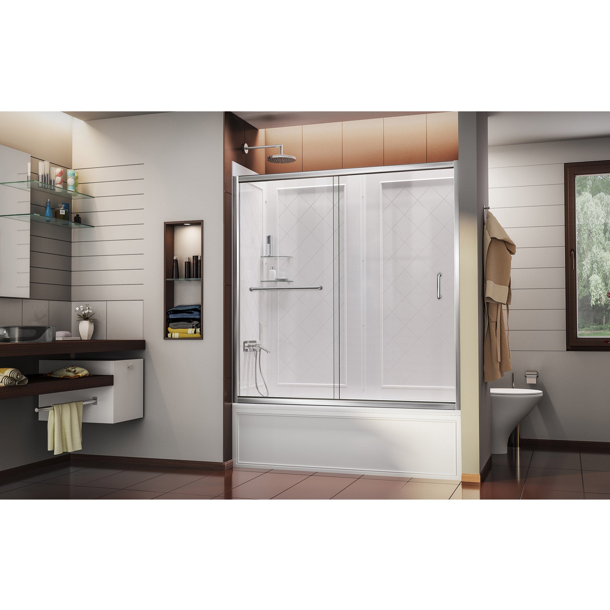 DreamLine Infinity Z 56-60 Inch Semi-Frameless Sliding Shower Door with Clear Glass & QWALL Acrylic Backwall Kit - Perfect for Modern Bathroom Renovations and Space-Saving Designs