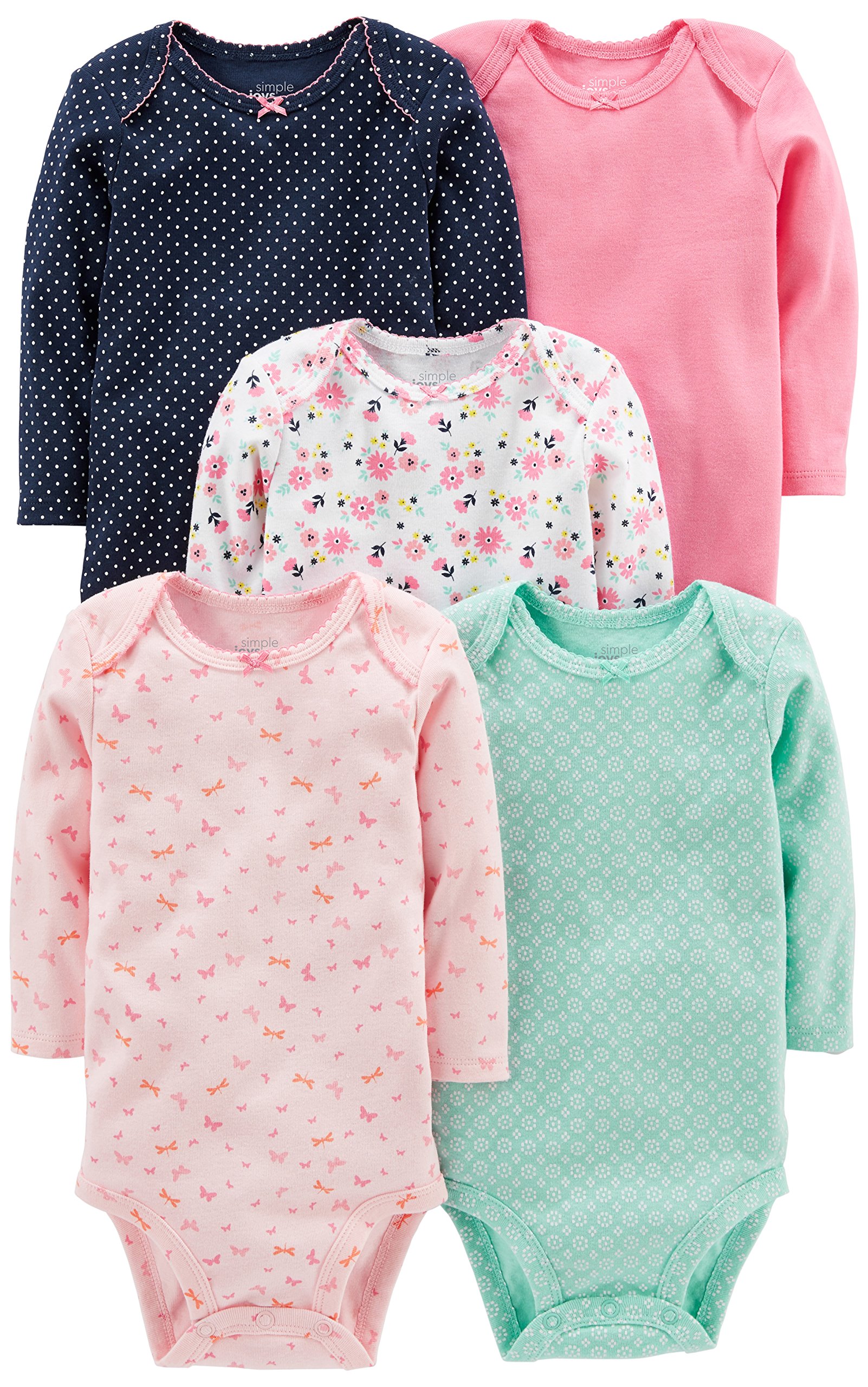 Carter's Baby Girls' Long-Sleeve Bodysuits 5-Pack | Soft Cotton Onesies for Newborns & Infants | Perfect for Playtime, Daycare & Family Photos