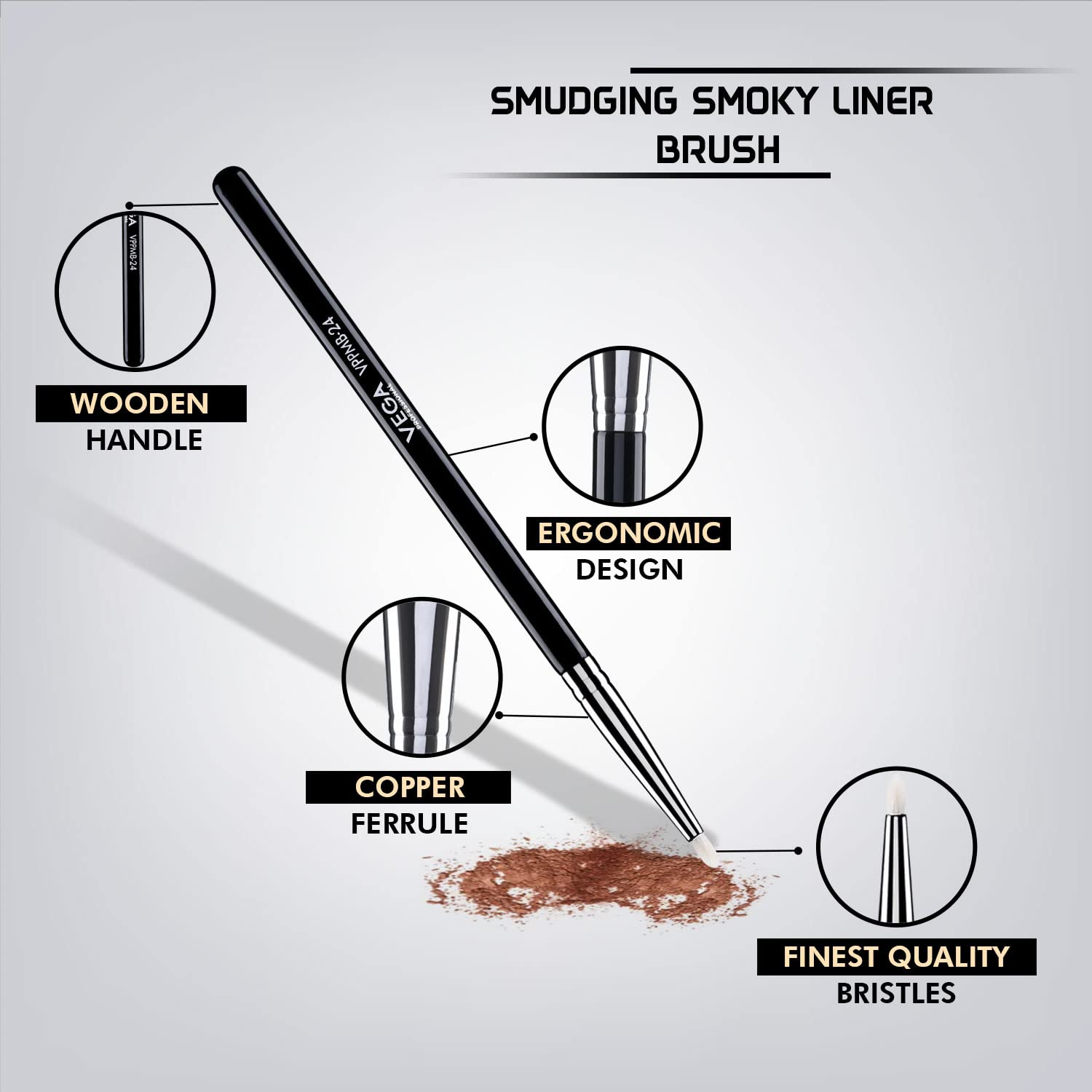 VEGA PROFESSIONAL Smudging Eyeliner Brush - Soft Bristles with Copper Ferrule & Wooden Handle (VPPMB-24) - Perfect for Smoky Eye Makeup & Professional Makeup Application