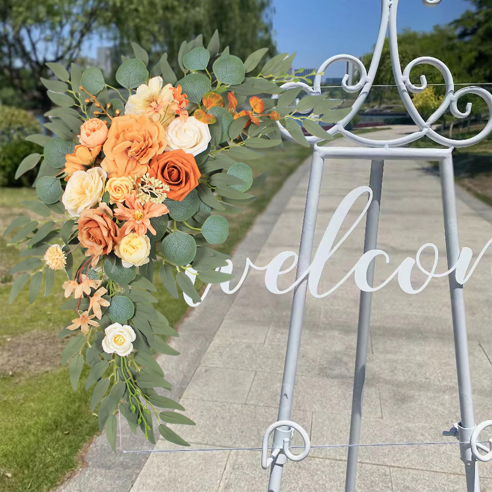 2-Pack Faux Flower Wedding Arch Decor - Artificial Silk Flowers for Wedding Welcome Sign, Reception & Backdrop (Champagne Orange) | Perfect for Outdoor Ceremonies, Photo Booths & Bridal Showers