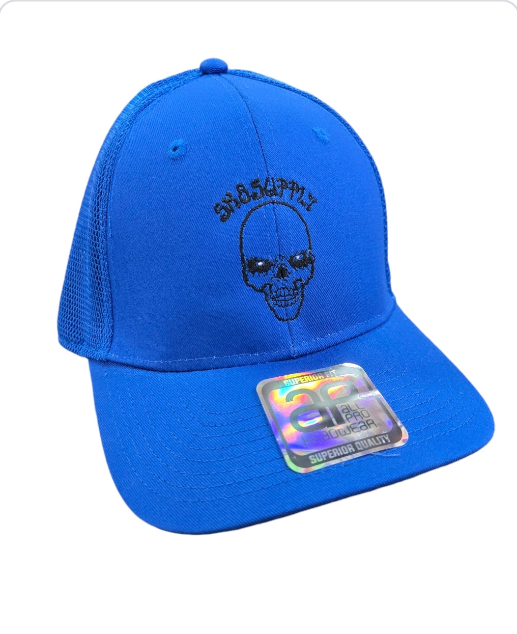 SK8SUPPLY Wes Humpston Skull Logo Trucker Snapback Hat - Blue & Black | Vintage Skate Style for Men & Women | Perfect for Streetwear, Skateboarding & Casual Outfits