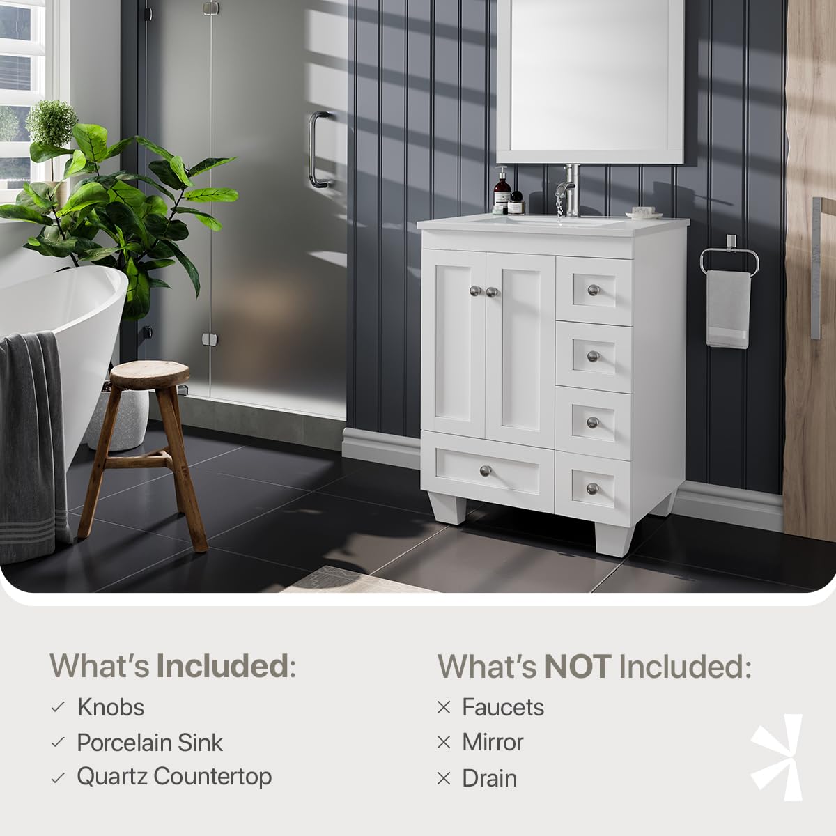 24 Inch Modern White Bathroom Vanity with Sink - Freestanding Vanity with Soft-Close Drawers & Brushed Nickel Handles - Perfect for Small Bathrooms, Powder Rooms & Apartment Remodels