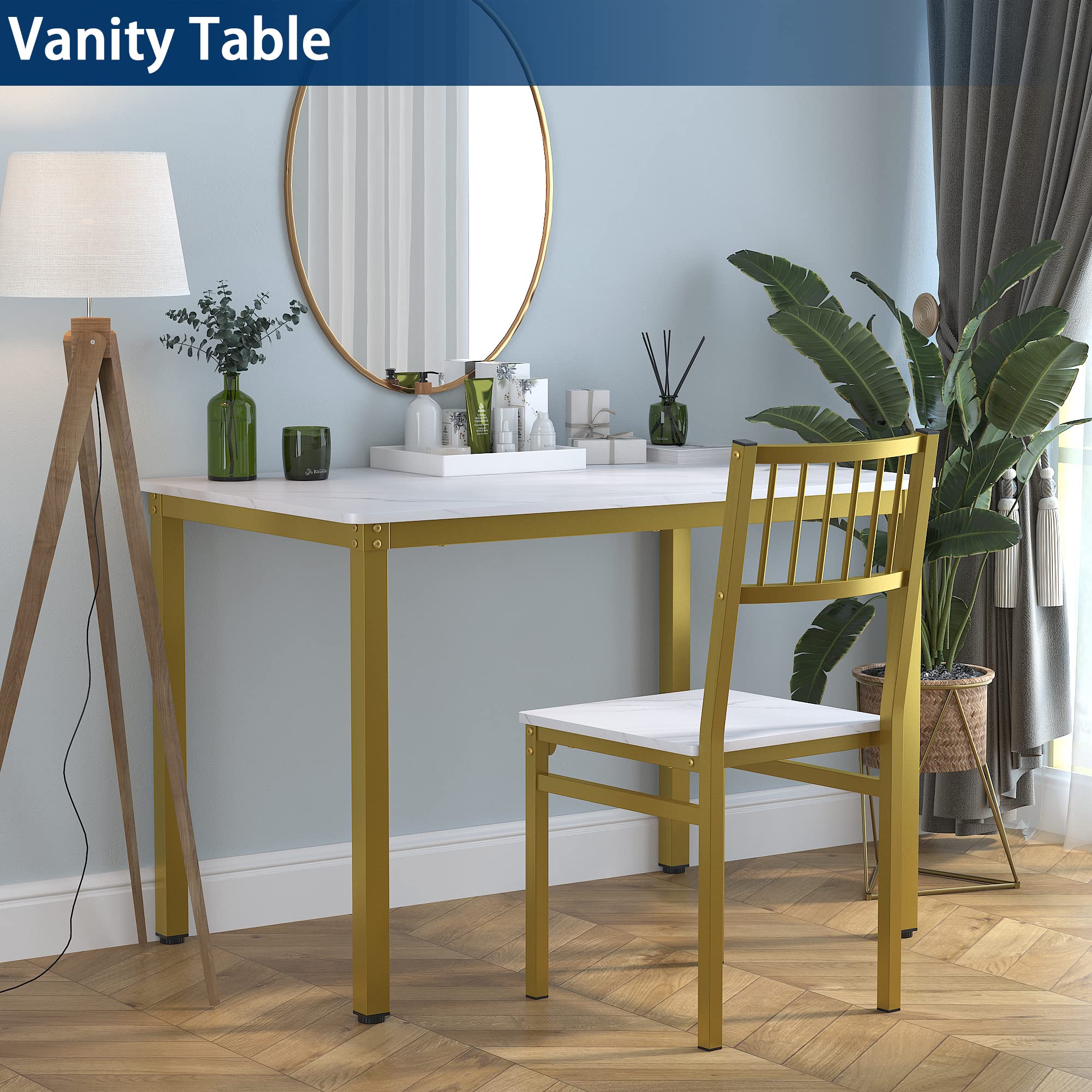 Teraves 4-Piece Dining Table Set with 2 Chairs & Bench - 120CM White Marble Top & Gold Frame Kitchen Table, Computer Desk - Perfect for Small Spaces, Dining Rooms & Home Offices