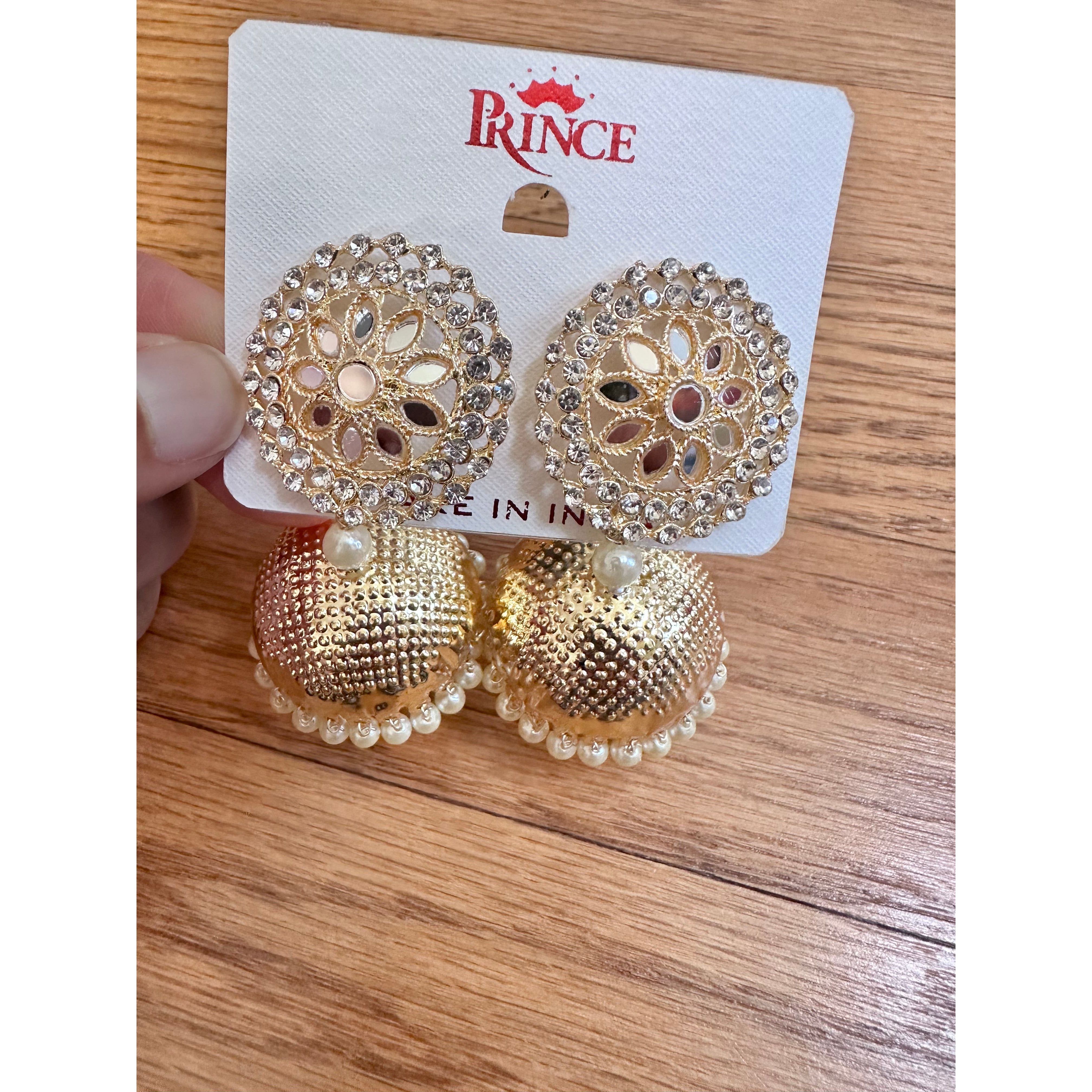 Exquisite White Stones, Pearls & Gold Jhumka Earrings for Women | Traditional Indian Jewelry for Weddings & Festive Occasions