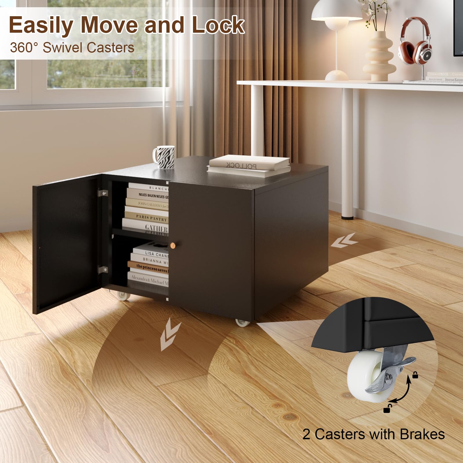 Compact Metal Printer Stand with Storage Doors - Modern Black Under Desk Organizer for Fax Machine, Scanner & Computer - Perfect for Small Home Office Spaces & Workspace Organization