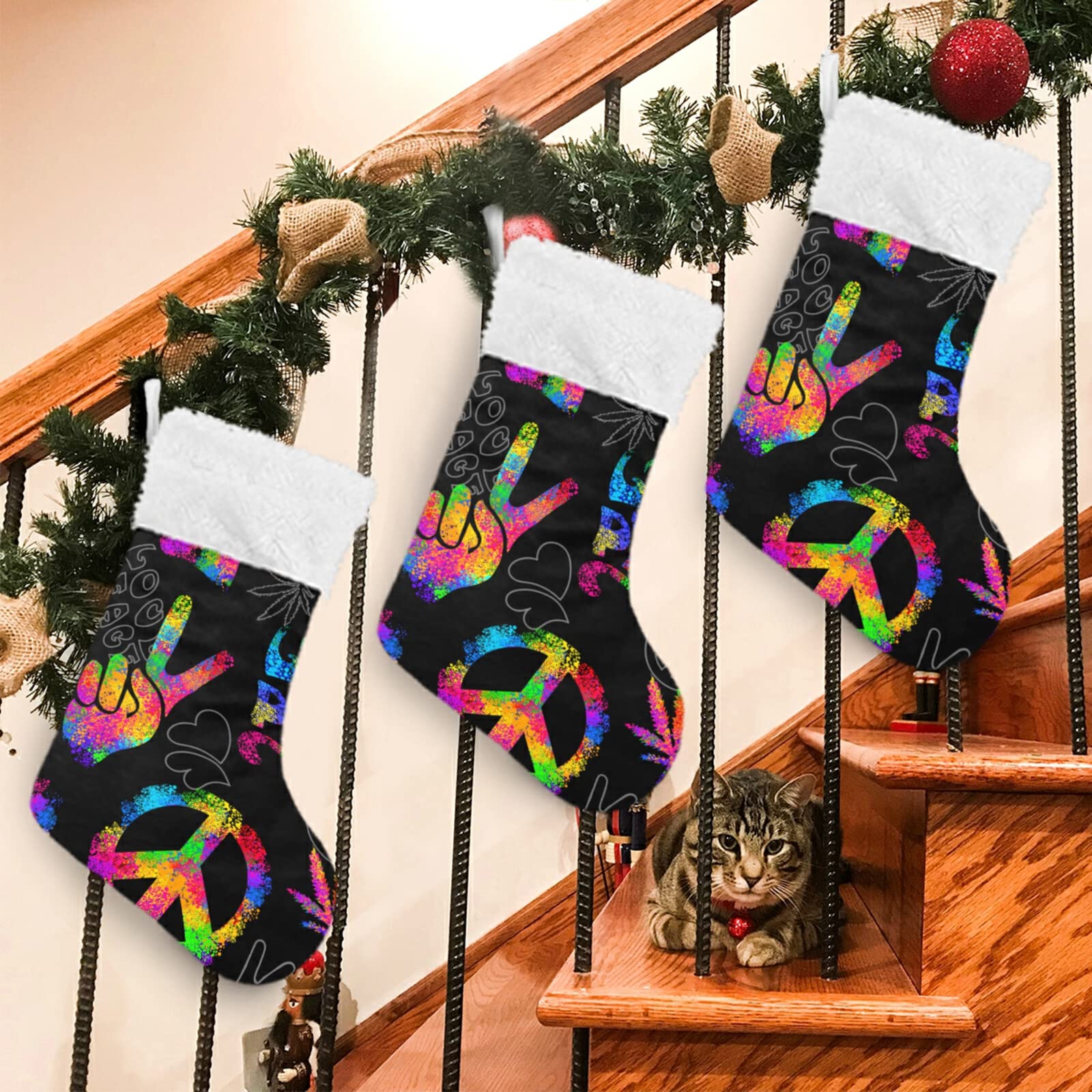 1 Pack Christmas Stocking with Rainbow Peace Love Sign - 17.7 Inch Fireplace Hanging Ornament for Holiday Decor | Perfect for Xmas Tree, Mantel & Gift Exchange