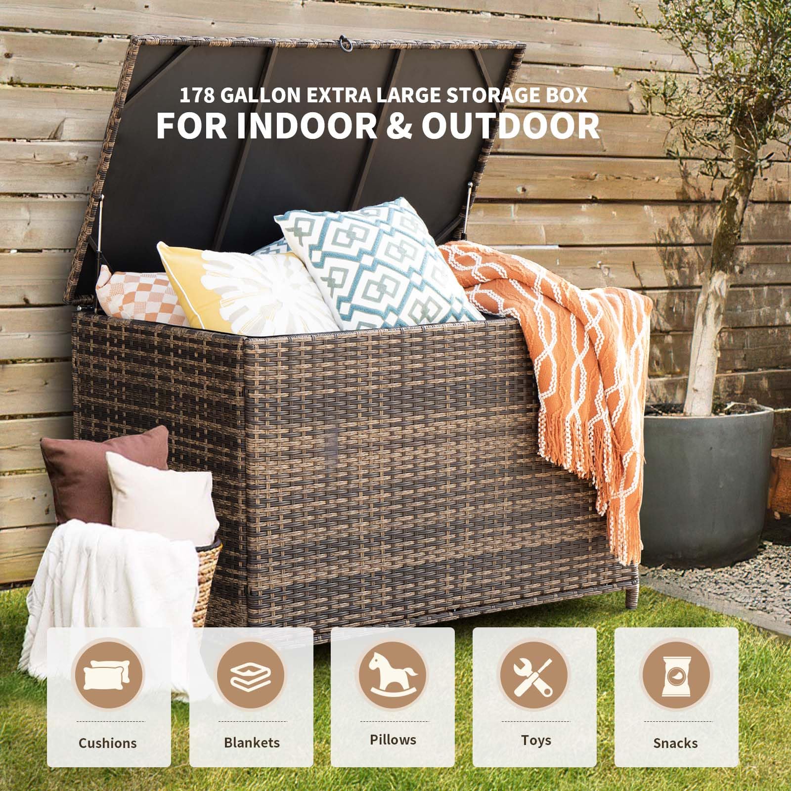 **178 Gallon Outdoor Storage Box with Wheels - Large Portable Wicker Rattan Deck Box for Patio Furniture Cushions, Throw Pillows, Garden Tools & Pool Floats - Weather-Resistant Brown Deck Box for Backyard, Garden & Poolside Storage**