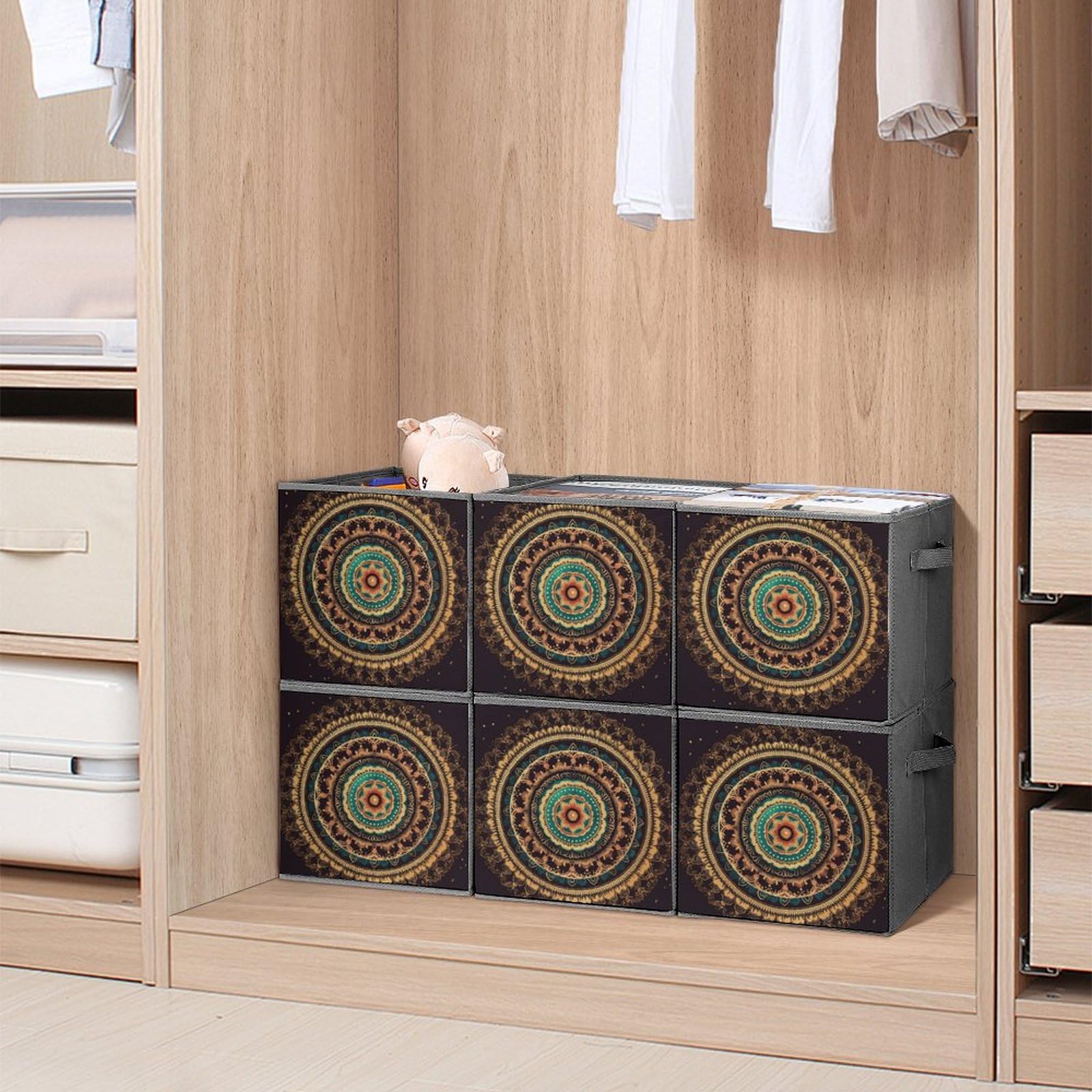6-Pack Mandala Collapsible Storage Bins with Handles - Large Foldable Storage Baskets for Closet, Clothing & Home Organization | Perfect for Bedroom, Nursery & Office Storage Solutions