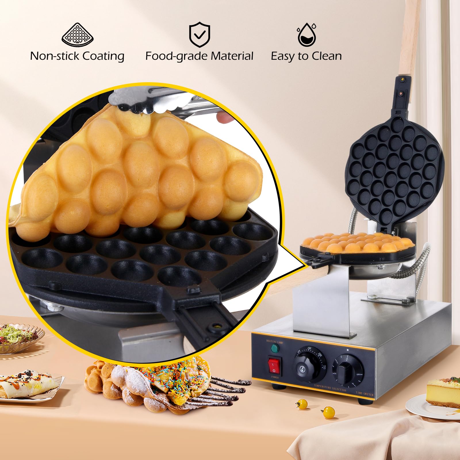 Dyna-Living 1400W Commercial Bubble Waffle Maker - Stainless Steel Electric Egg Puff Waffle Iron Machine with 180° Rotation & Non-Stick Coating - Perfect for Home, Cafes, and Street Food Businesses - Make Authentic Hong Kong Style Egg Waffles (Gai Daan Jai) for Breakfast, Desserts, or Snacks