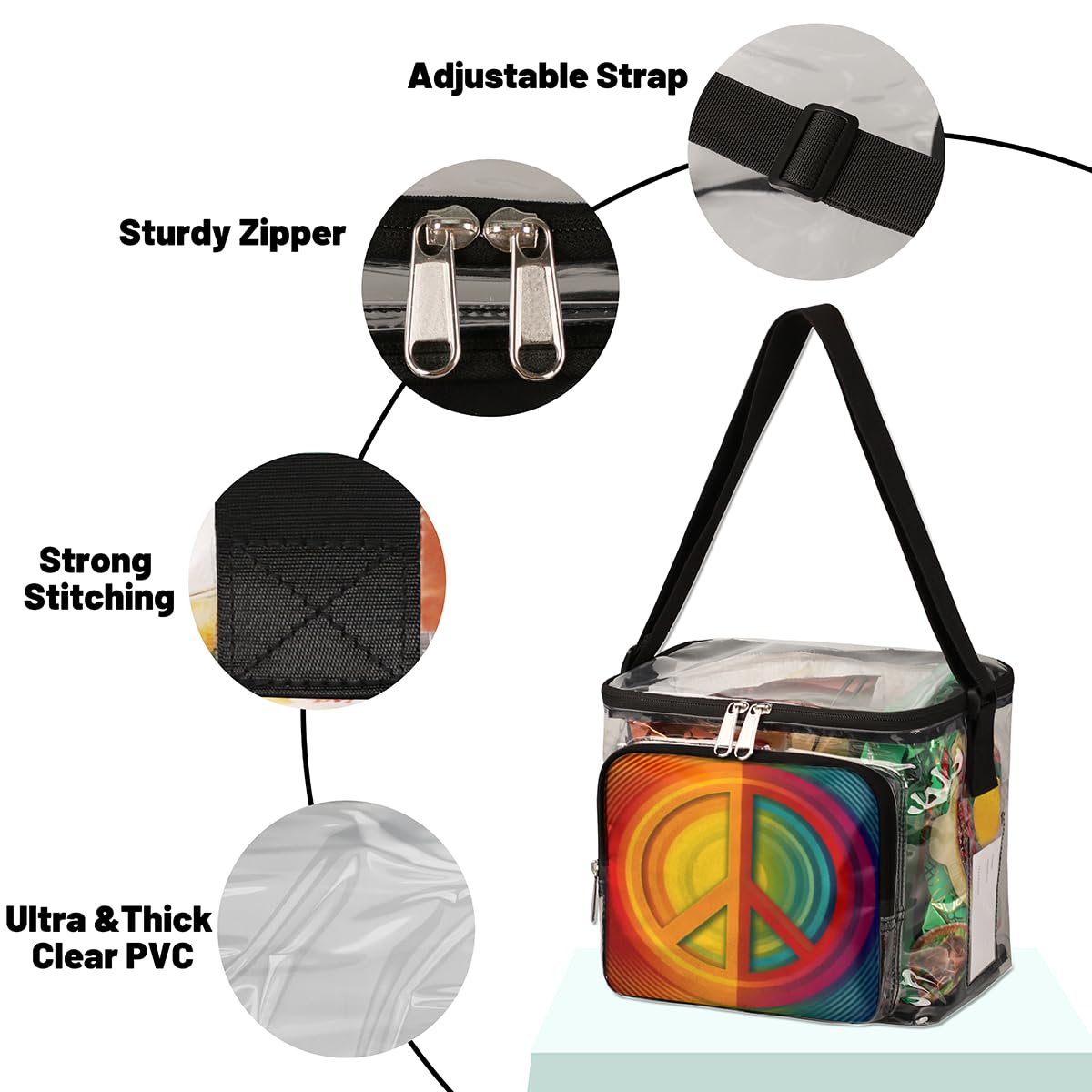 GzLeyigou Clear Peace Symbol Tote Bag with Handles - Transparent Crossbody Shoulder Bag for Lunch, Outdoor Activities, Travel, Picnics, Concerts & Sports Events | Stadium Approved Multipurpose Purse for Women & Men | Perfect for Music Festivals, Beach Days and Stadium Security Checks