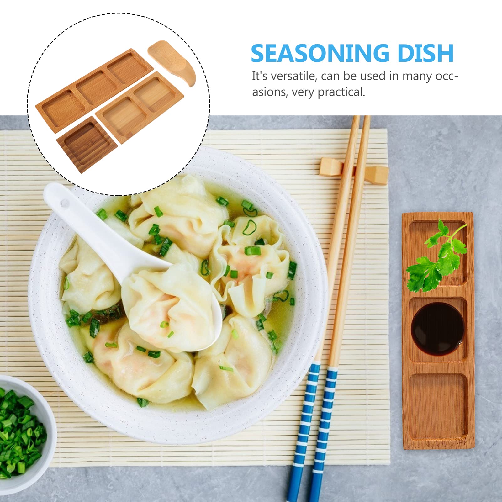 Cabilock 4-Piece Bamboo Seasoning Dish Set - Small Soy Sauce Bowls & Wooden Spoons for Sushi, Dumplings, Ramen - Eco-Friendly Tableware for Asian Cuisine & Home Dining