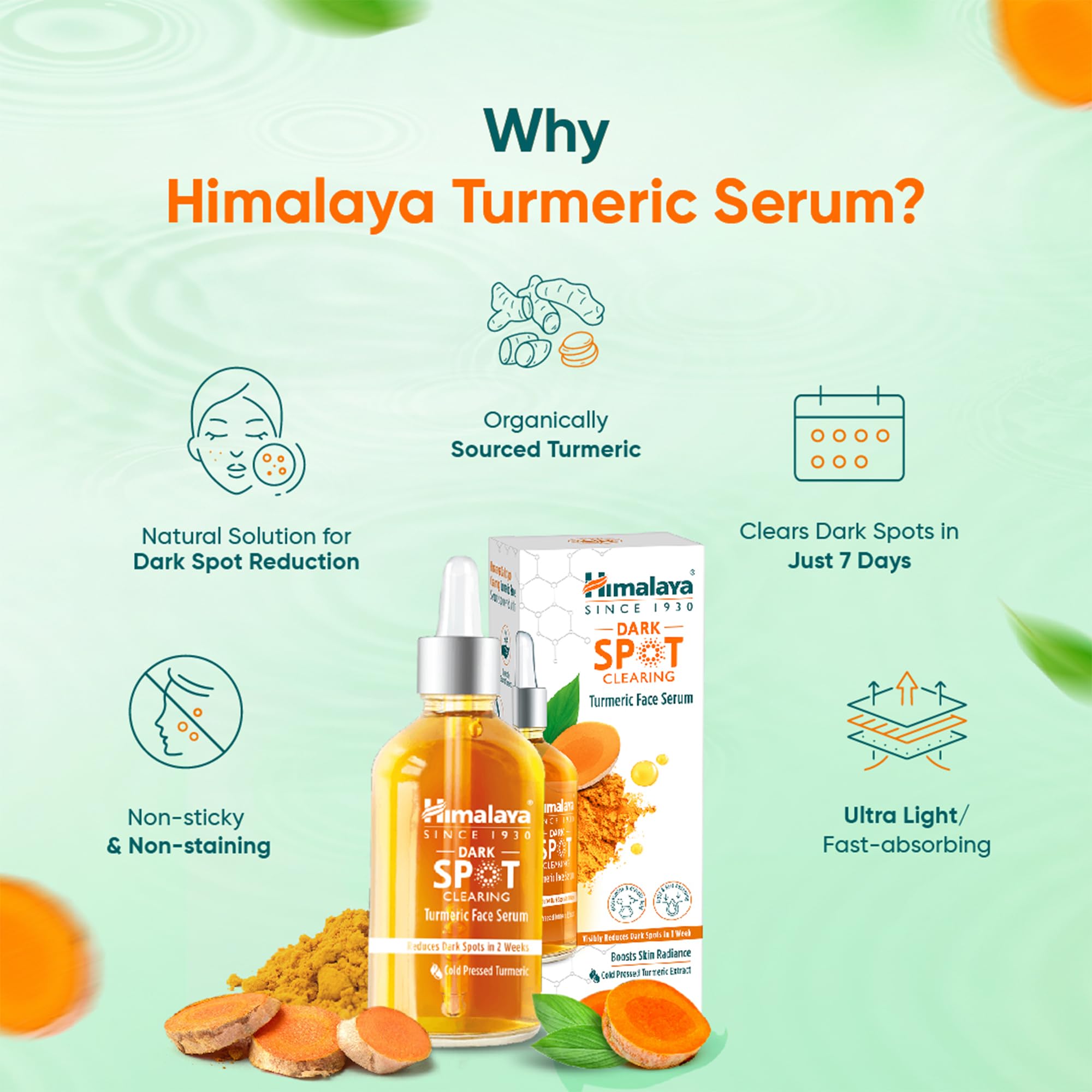 Himalaya Dark Spot Clearing Turmeric Face Serum - 10% Glycolic Acid & 2% Niacinamide - Organic Turmeric Extract for Brighter Skin - Reduces Dark Spots in 7 Days - 30ml - Perfect for Nighttime Skincare Routine & Hyperpigmentation Treatment