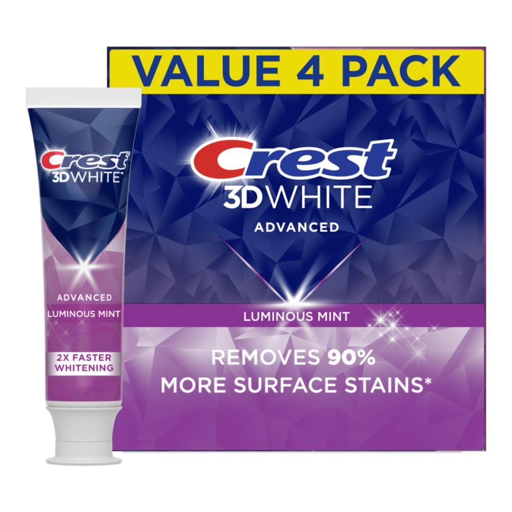 Crest 3D White Advanced Luminous Mint Teeth Whitening Toothpaste - 4 Pack (3.7 oz Each) | Removes Stains, Whitens Teeth, Strengthens Enamel & Fights Cavities | Perfect for Daily Oral Care & Bright Smiles