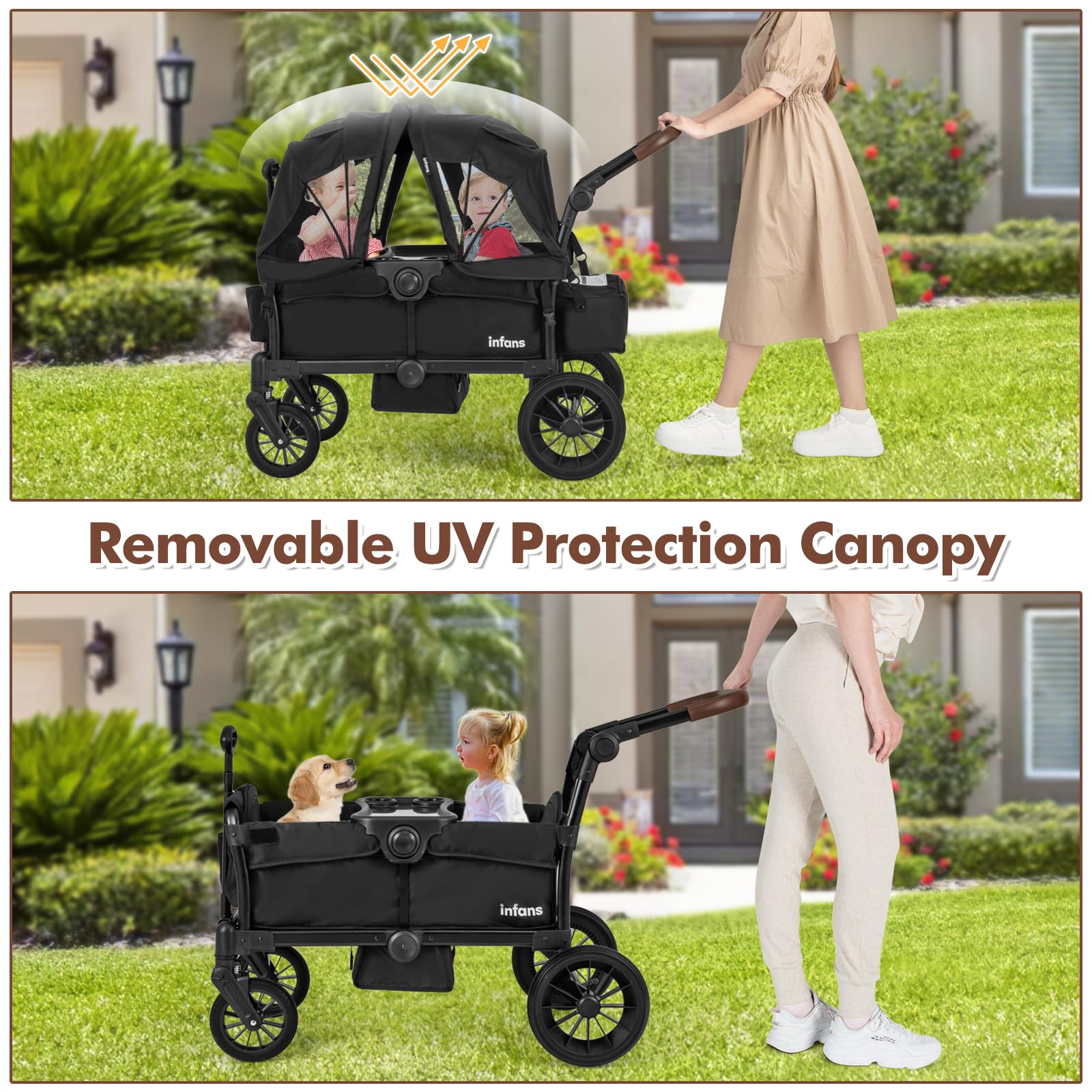 INFANS 2-in-1 Collapsible Stroller Wagon for Kids - Adjustable Push/Pull Handle, Removable Canopy & Snack Tray, Comfortable Upholstered Seats with Drop-Down Footwell - Perfect for Family Outings, Beach Trips and Park Adventures