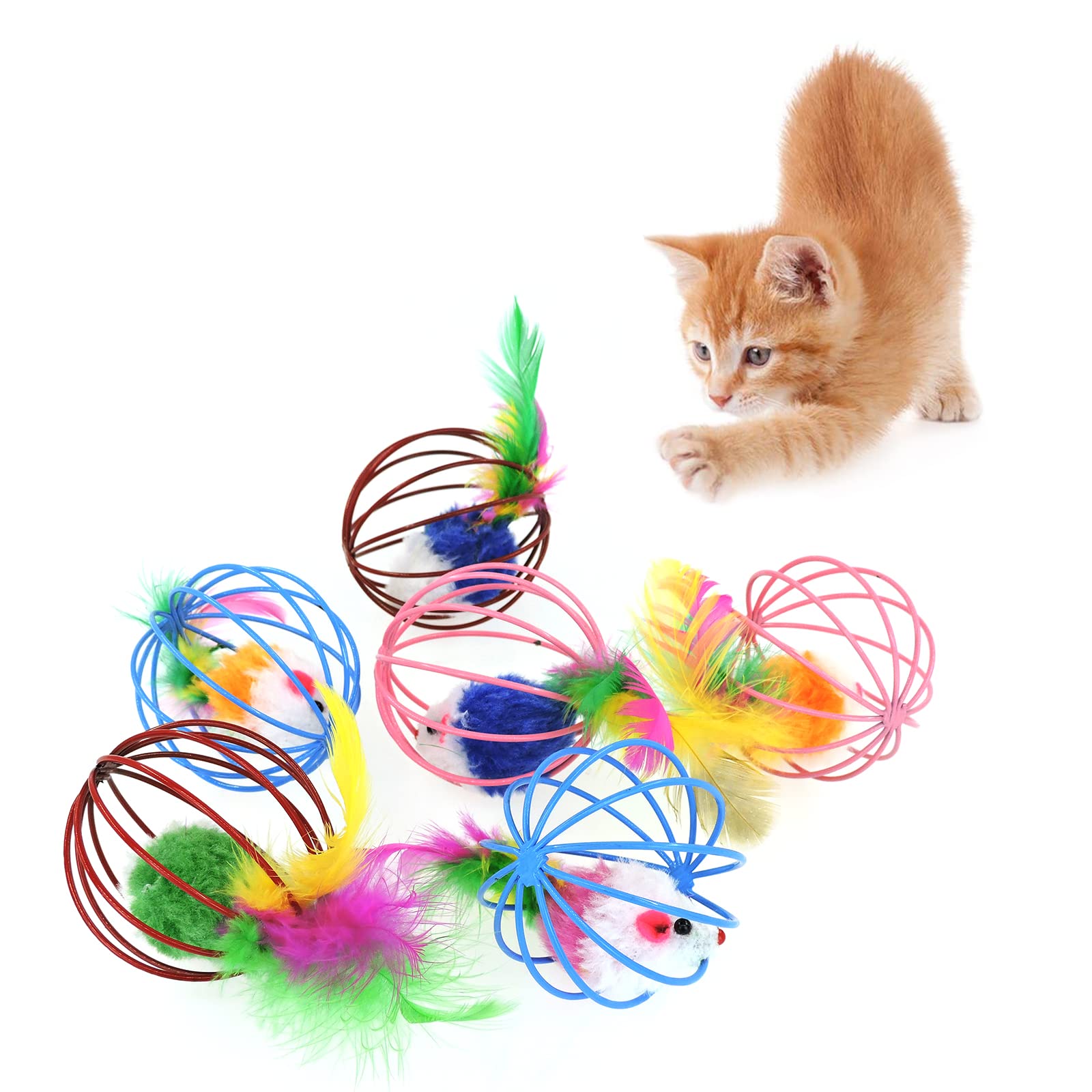 FuninCrea 6-Pack Durable Steel Wire Cat Toy Balls with Feather Tail & Colorful Mice - Interactive Kitten Chase Toys for Indoor/Outdoor Play - Perfect for Exercise, Hunting Practice & Bonding Time (Random Colors)