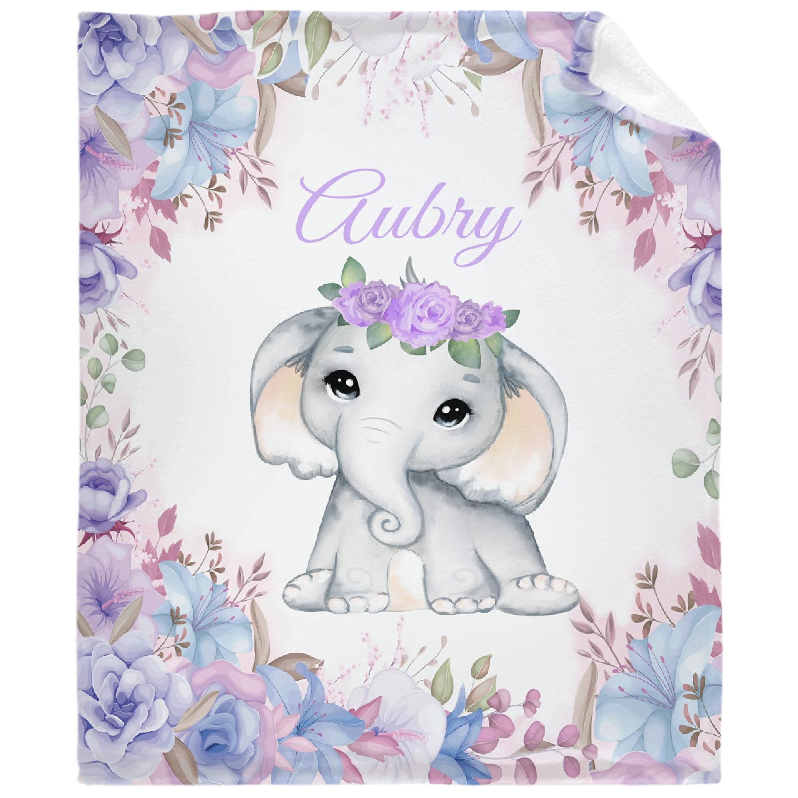 Personalized Baby Blankets for Girls & Boys - Custom Name Elephant Fleece Blanket - Soft Cozy Purple Floral Throw Quilt for Newborns & Toddlers - Perfect Baby Shower Gift & Nursery Essential