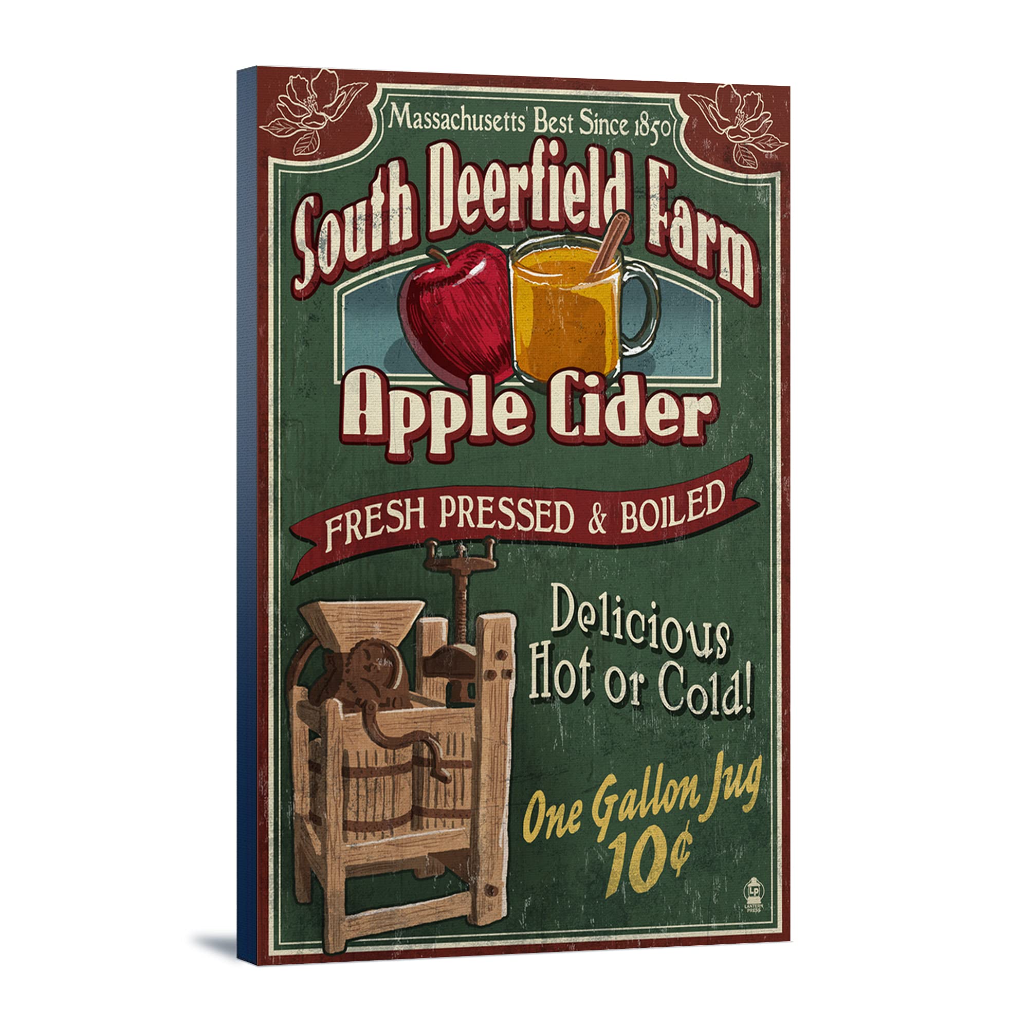 Vintage Apple Cider Sign - South Deerfield Massachusetts Wall Art - 24x36 Gallery Wrapped Canvas - Rustic Farmhouse Decor for Kitchen, Bar or Dining Room