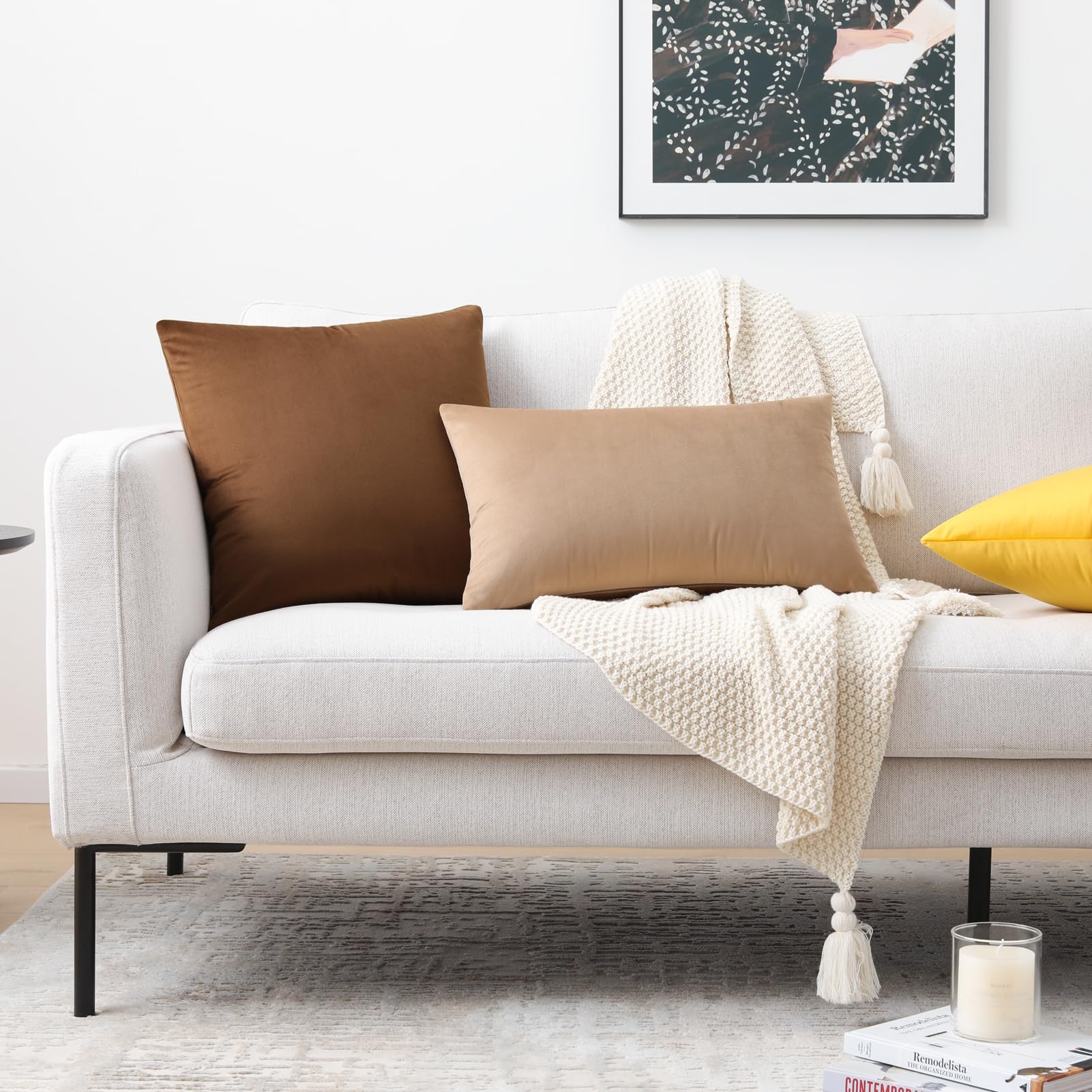 Mixhug Velvet Decorative Throw Pillow Covers - 24x24 Inch Set of 2, Solid Mustard Yellow Cushion Covers for Sofa, Couch & Bed - Perfect for Living Room Decor, Bedroom Accent & Home Styling
