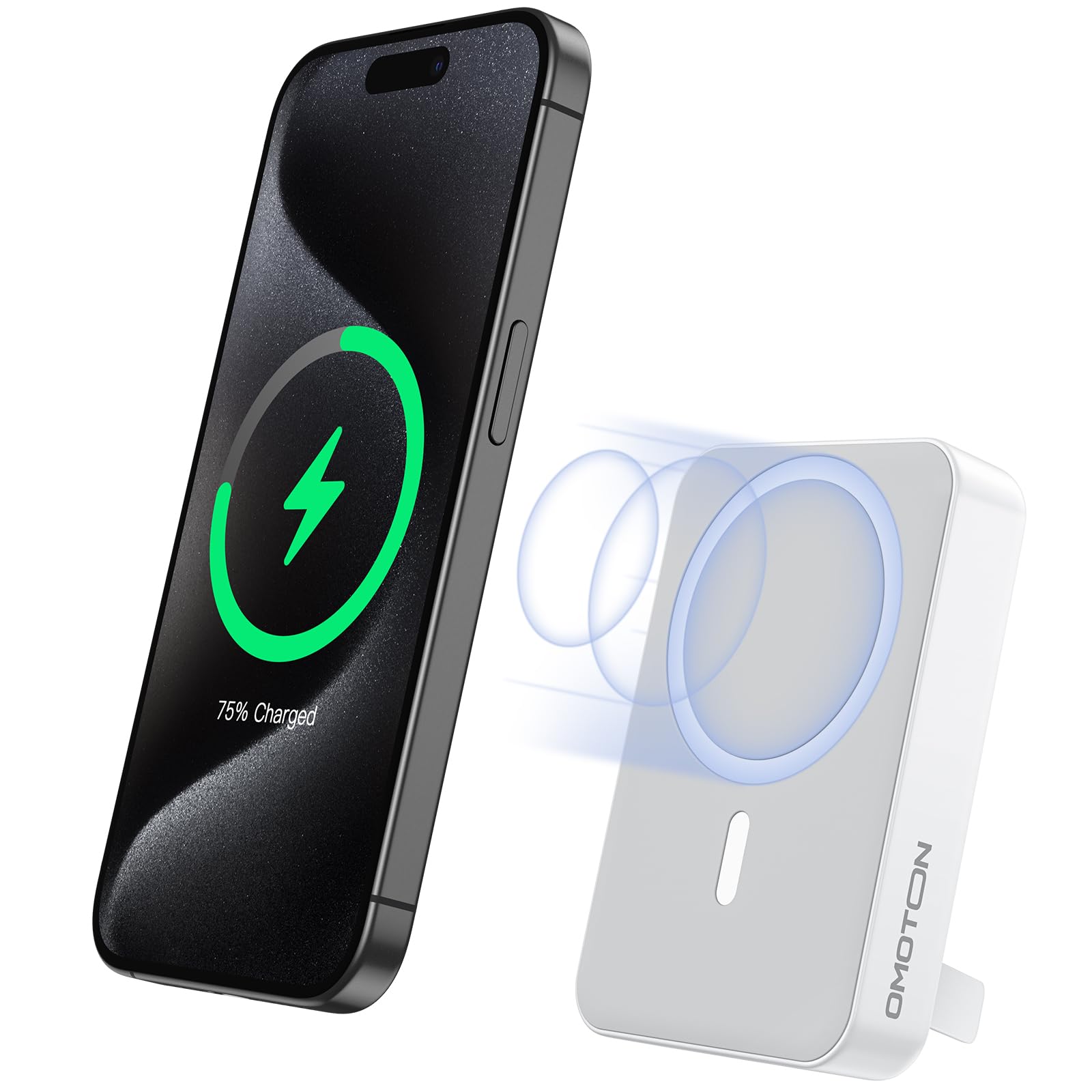 OMOTON 10000mAh Magnetic Wireless Power Bank - Fast Charging Portable Charger for iPhone 15/14/13/12/11 Series with LED Display & Foldable Stand | Perfect for Travel, Work & Outdoor Activities (Gray White)