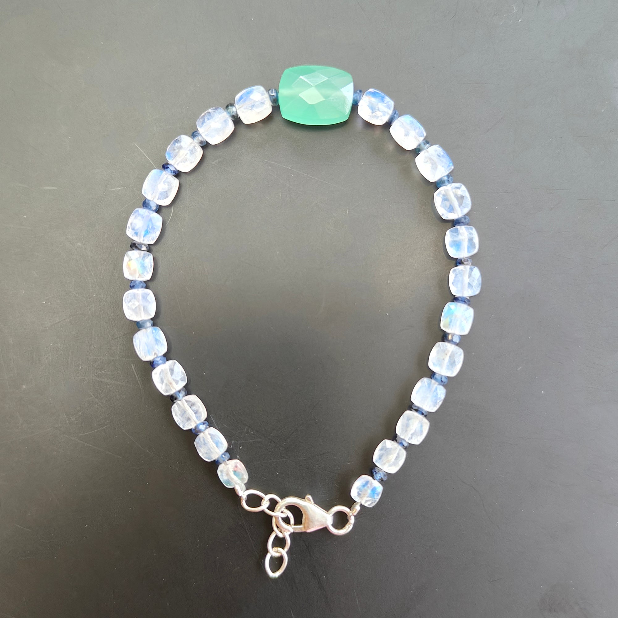 Green Quartz Rainbow Moonstone Blue Sapphire 925 Sterling Silver Beaded Bracelet - 3.56gms Briolette Checker Cut Gemstone Jewelry for Women | Perfect for Boho Style, Wedding Accessories & Gift Giving