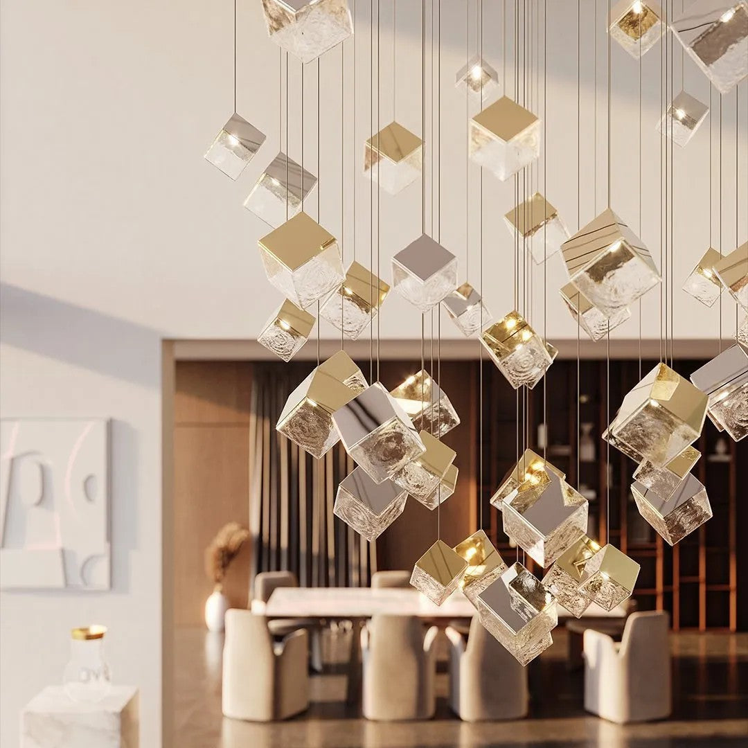 Modern Square Art Glass Chandelier - Elegant Ceiling Light Fixture for Dining Room, Living Room & Bedroom Decor