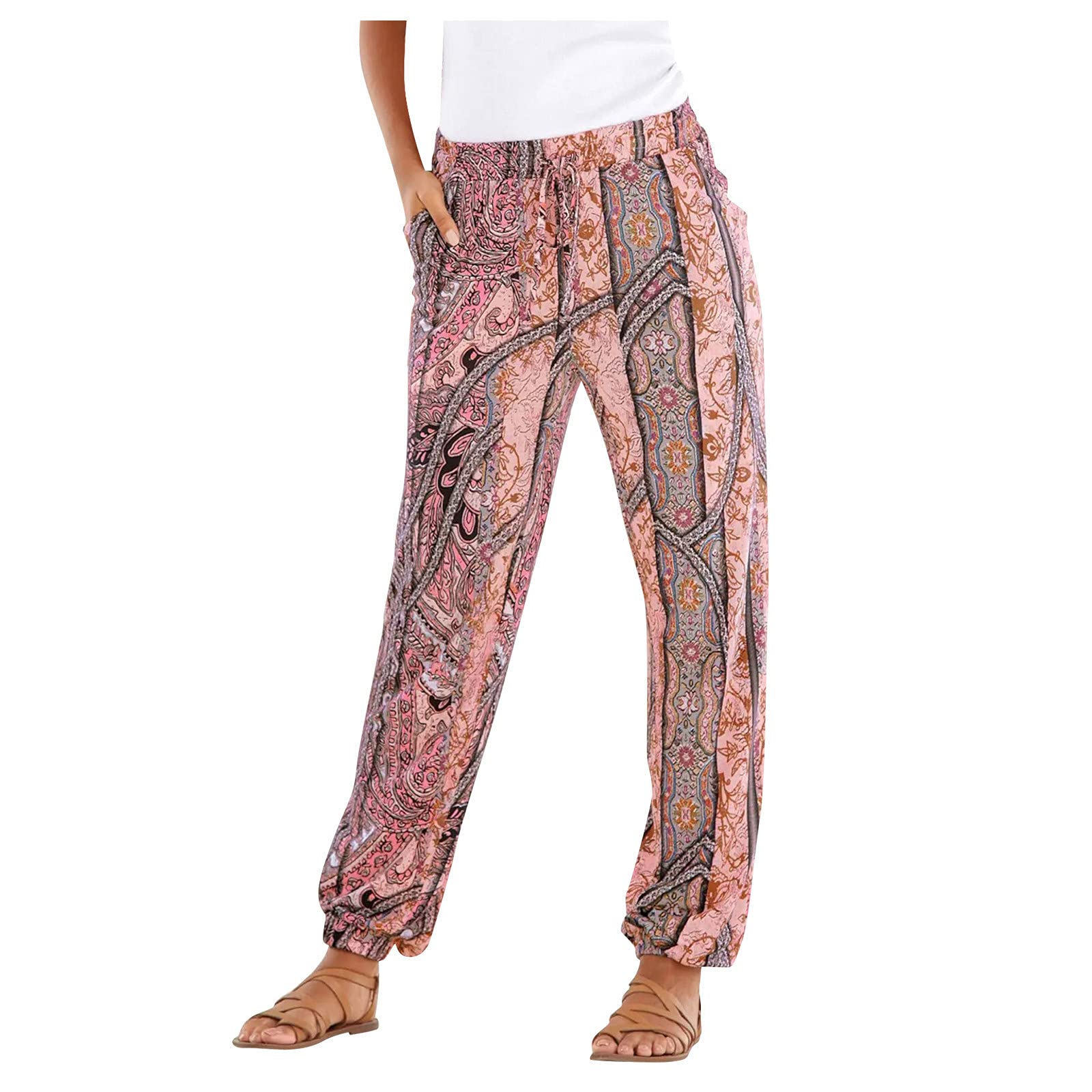 **Makalon Women's High Waist Boho Pants with Pockets - Floral Print Beach Trousers, Comfortable Summer Pants for Casual Wear, Travel & Vacation**