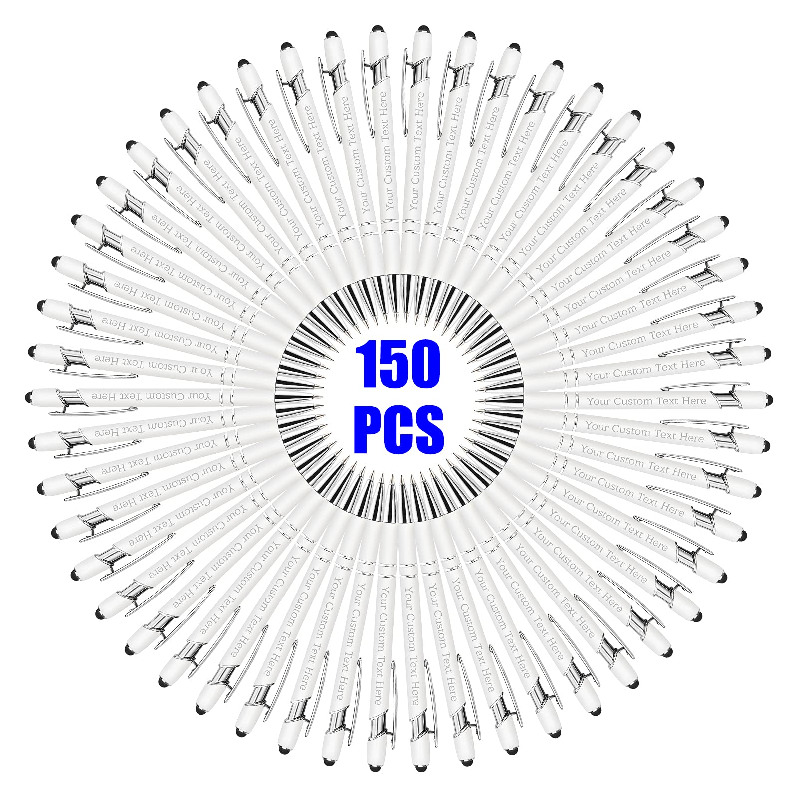 150 Pcs Personalized Custom Pens Bulk - Free Engraving with Name/Message - Custom Ballpoint Pens & Stylus for Business, Office, Graduation - Unique Gifts for Men & Women - Christmas, Birthday Presents (White) - Perfect for Corporate Events, Promotions & Special Occasions