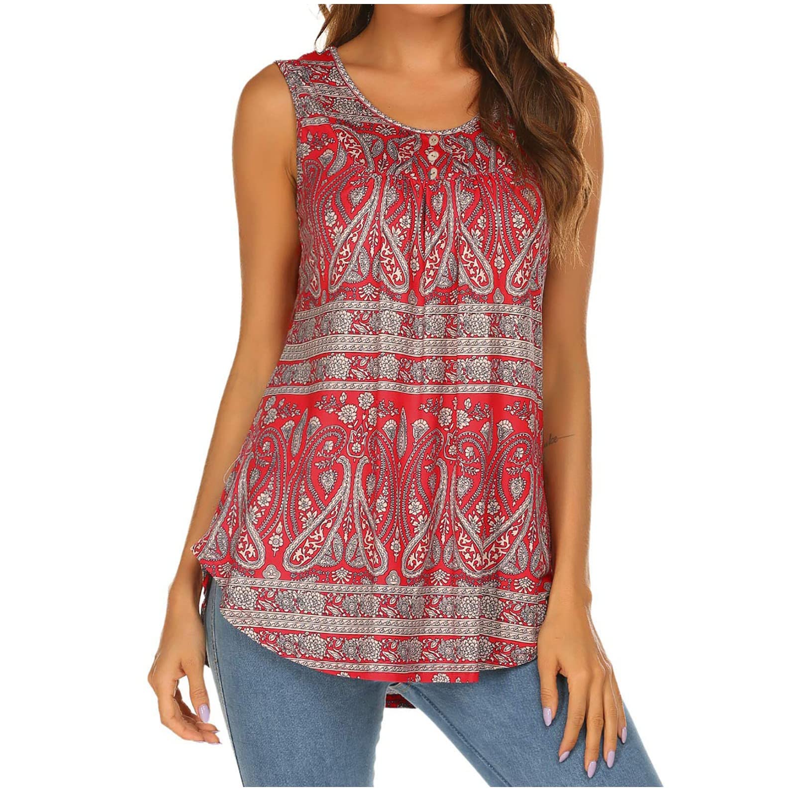 Boho Sleeveless Pleated Tank Tops for Women - Plus Size Summer Blouse, Round Neck Casual T-Shirt | Perfect for Beach Outfits, Vacation Wear & Everyday Comfort