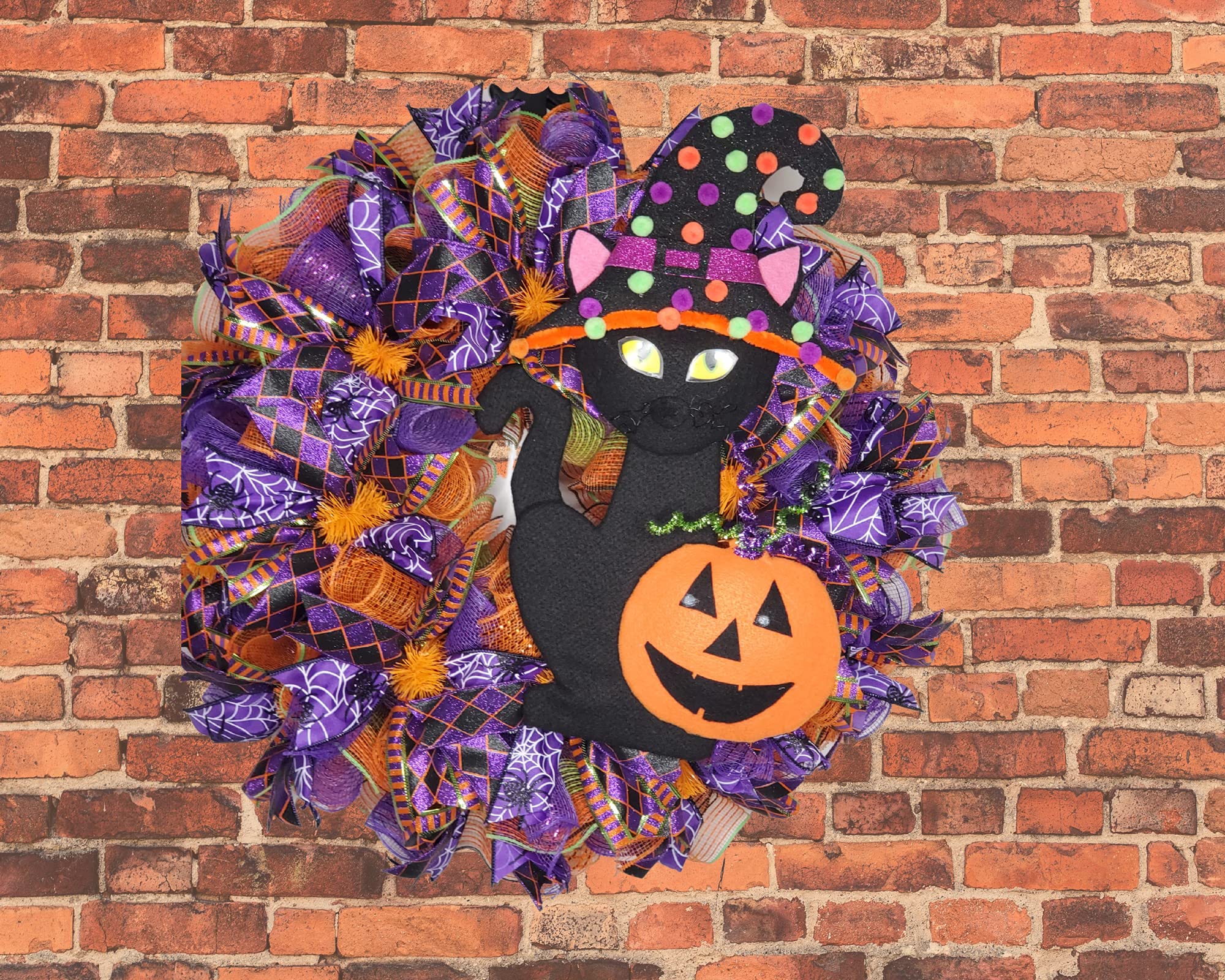 Black Cat Halloween Wreath - Spooky Fall Door Decor for Porch, Front Door & Outdoor Welcome Sign - Large Harvest Wreath for Autumn, Halloween Party & Seasonal Home Decoration