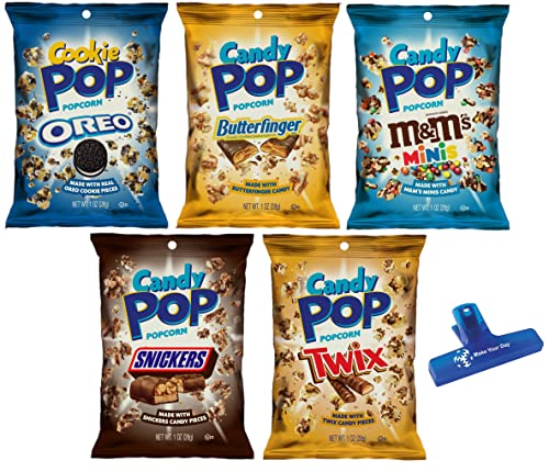 Delicious Cookie Pop & Candy Pop Popcorn Variety Pack - Oreo, Butterfinger, M&M's, Snickers (10 x 1oz Bags) with Free Bag Clip - Perfect for Movie Nights, Parties & Snack Time