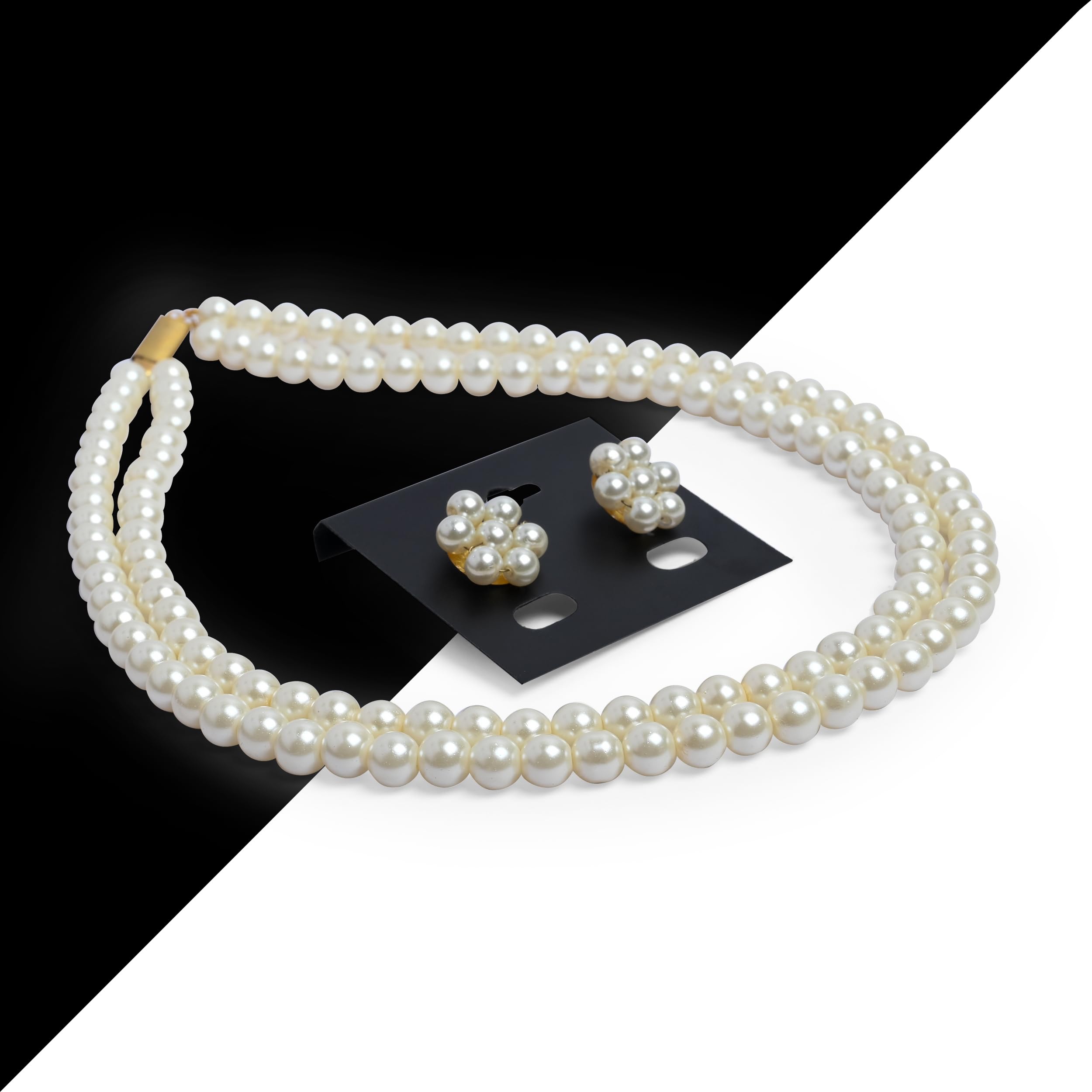 Double Layer White Pearl Necklace & Matching Stud Earrings Set for Women & Girls - Elegant Moti Mala Jewelry for Weddings, Parties & Special Occasions