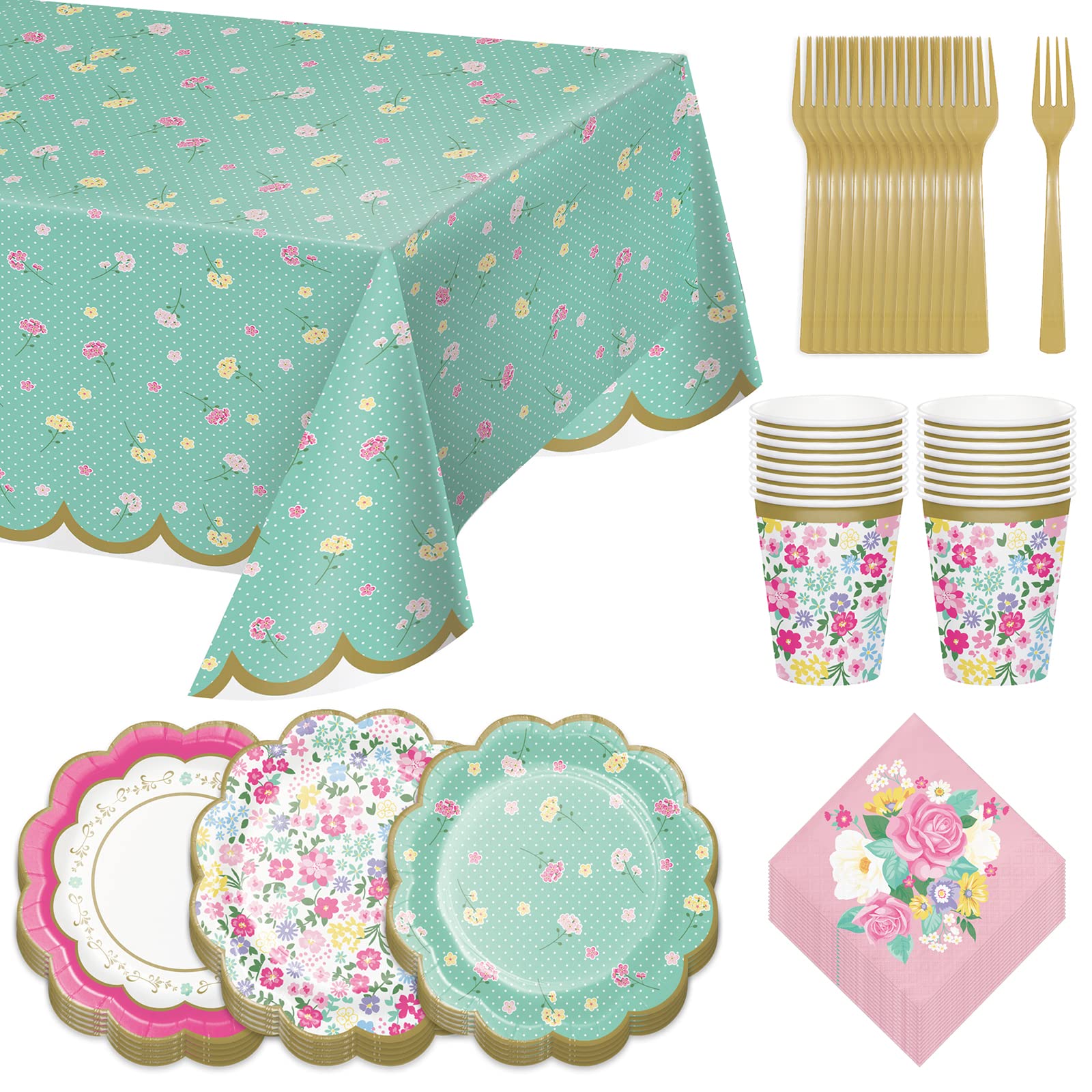Elegant Floral Tea Party Supplies Set - 16-Piece Scalloped Paper Plates, Napkins, Forks, Cups & Table Cover for Girls Birthday Party, Bridal Shower, Baby Shower & Garden Tea Party Decorations