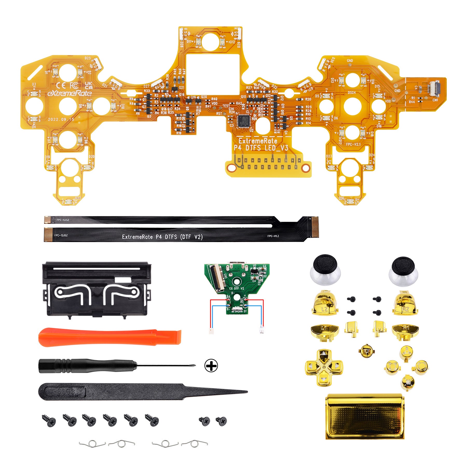 eXtremeRate Multi-Color LED Illuminated Buttons Kit for PS4 CUH-ZCT2 Controller - Chrome Gold | Gaming Accessories for Enhanced Playstation 4 Experience