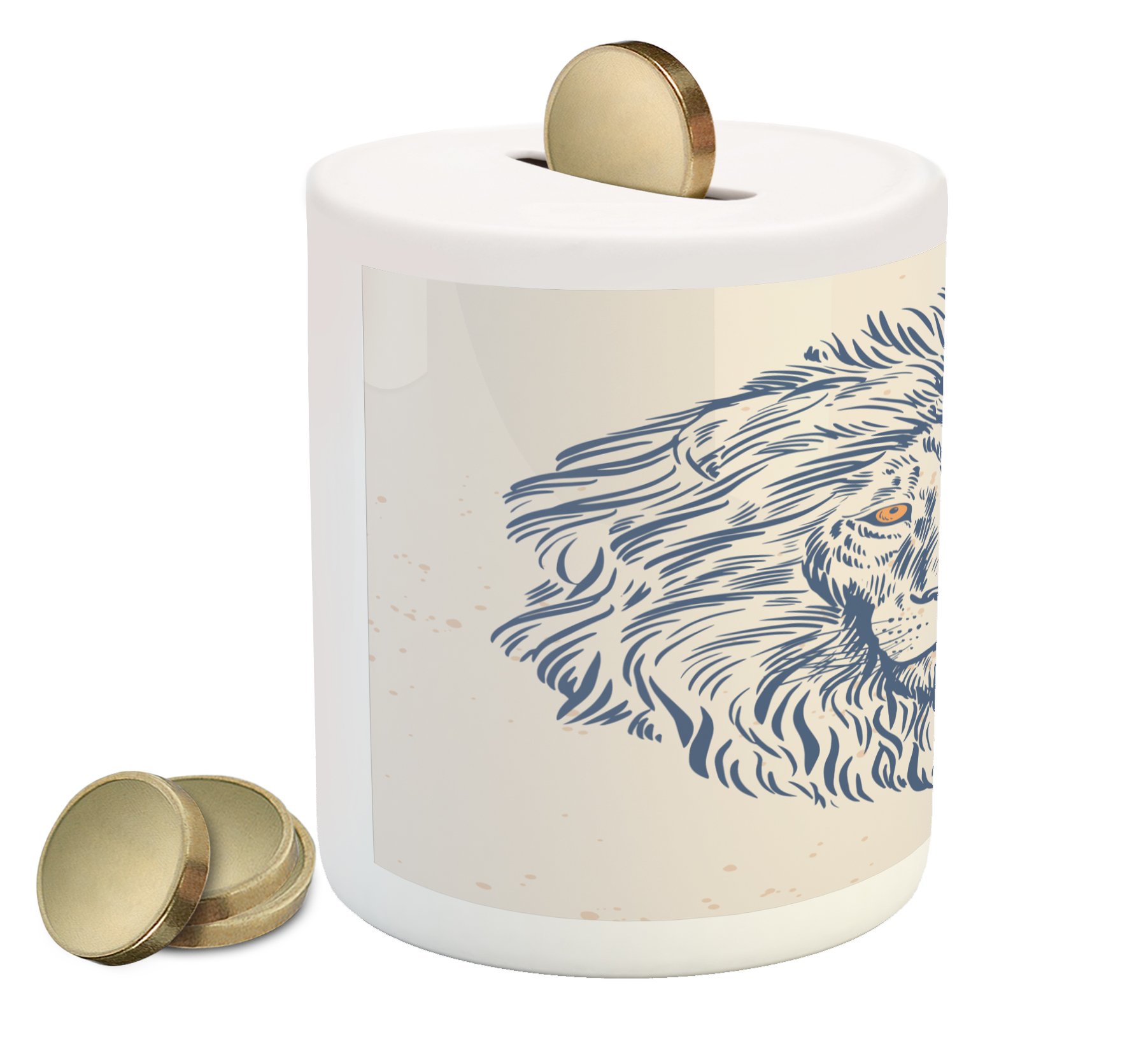 Ambesonne Ceramic Piggy Bank with Lion King Wildlife Illustration - Slate Blue Beige Money Box for Cash Saving | Perfect Gift for Kids, Animal Lovers & Zodiac Sign Collectors | Home Decor, Office Savings Jar, Birthday Present Idea
