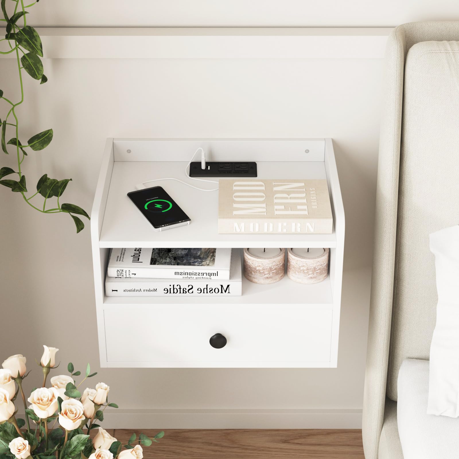 Modern Floating Nightstand Set of 2 - White Wall Mounted Bedside Tables with Drawer, Open Shelf & USB Charging Station | Space-Saving Bedroom Furniture for Small Spaces, Apartments & Dorm Rooms