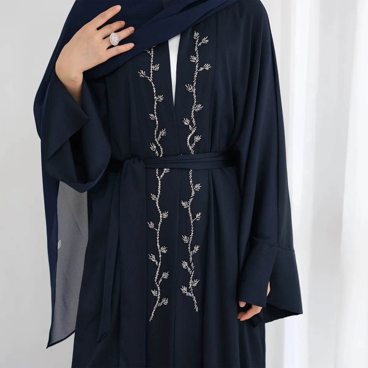 Elegant Beaded Wrinkle Satin Cardigan Open Abaya Dress for Women - Perfect for Weddings, Parties & Special Occasions #25828
