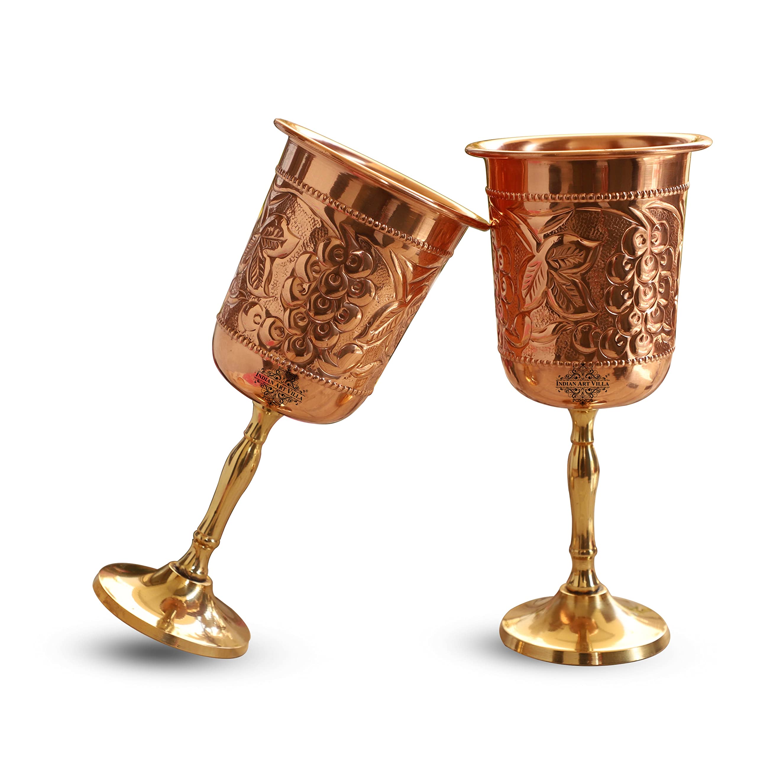 Pure Copper Wine Glass Set of 2 - 10 Oz Handcrafted Cups with Grape Vine Embossed Design & Brass Base - Elegant Barware for Wine, Cocktails, Restaurants & Home Entertaining