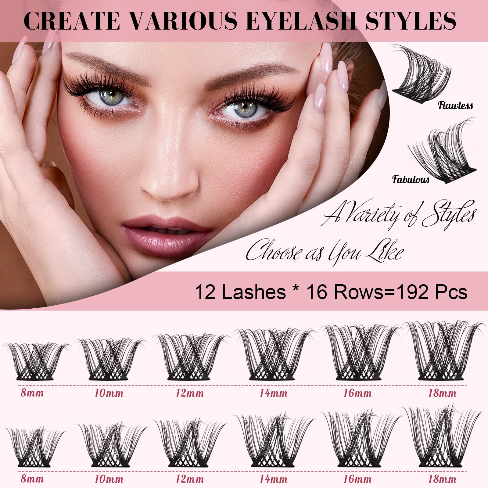 192 Pcs Mixed Cluster Lashes - 2 Styles (Flawless & Fabulous) DIY Eyelash Extensions with Super Thin Band, Soft & Easy to Apply | Perfect for Daily Wear, Parties & Special Occasions