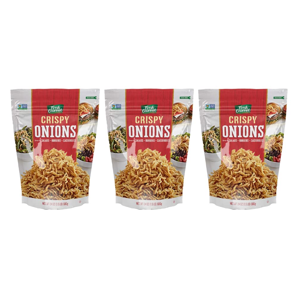 Fresh Gourmet Crispy Onions - 24oz (Pack of 3) - Crunchy Salad Topper, Burger & Hot Dog Topping, Baked Potato & Casserole Garnish - Perfect for Snacking & Cooking